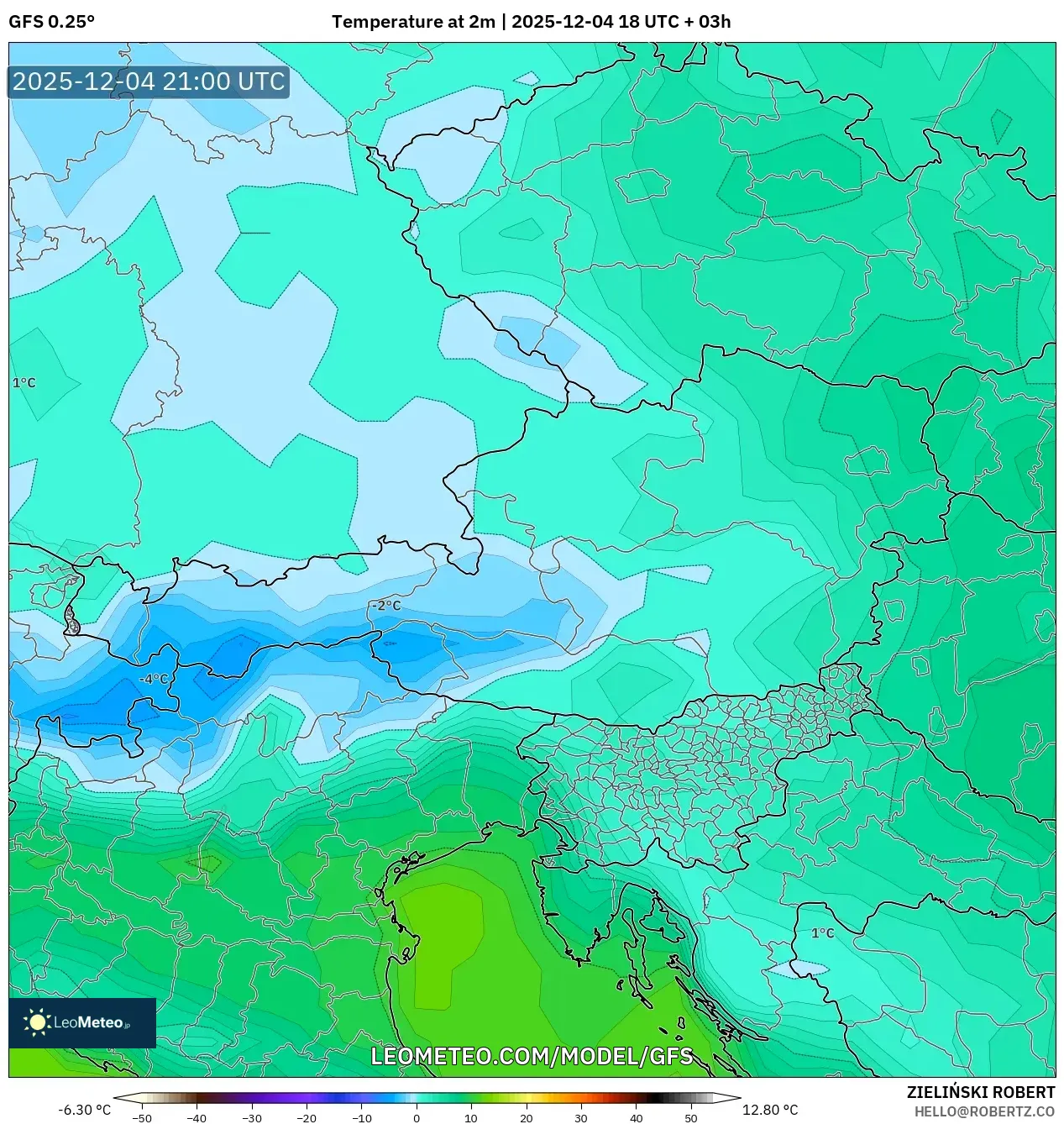 GFS model - Austria, Temperature at 2m