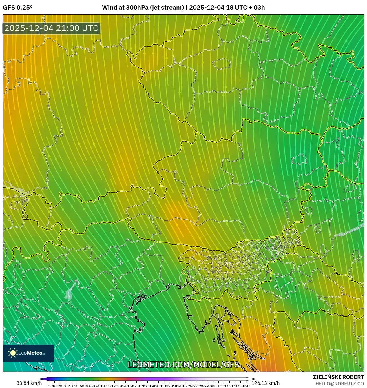 GFS model - Austria, Wind at 300hPa (jet stream)