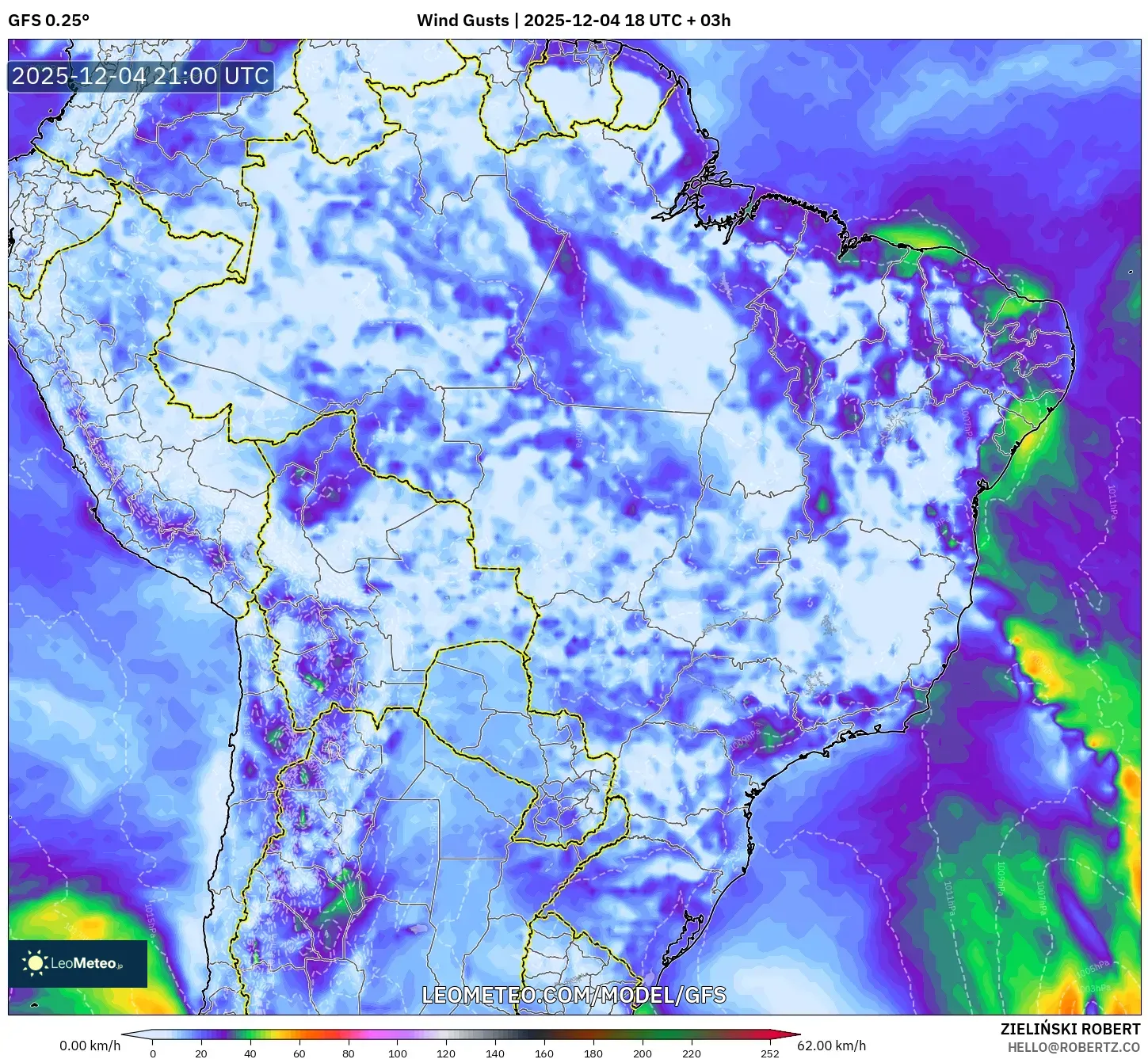 GFS model - Brazil, Wind Gusts