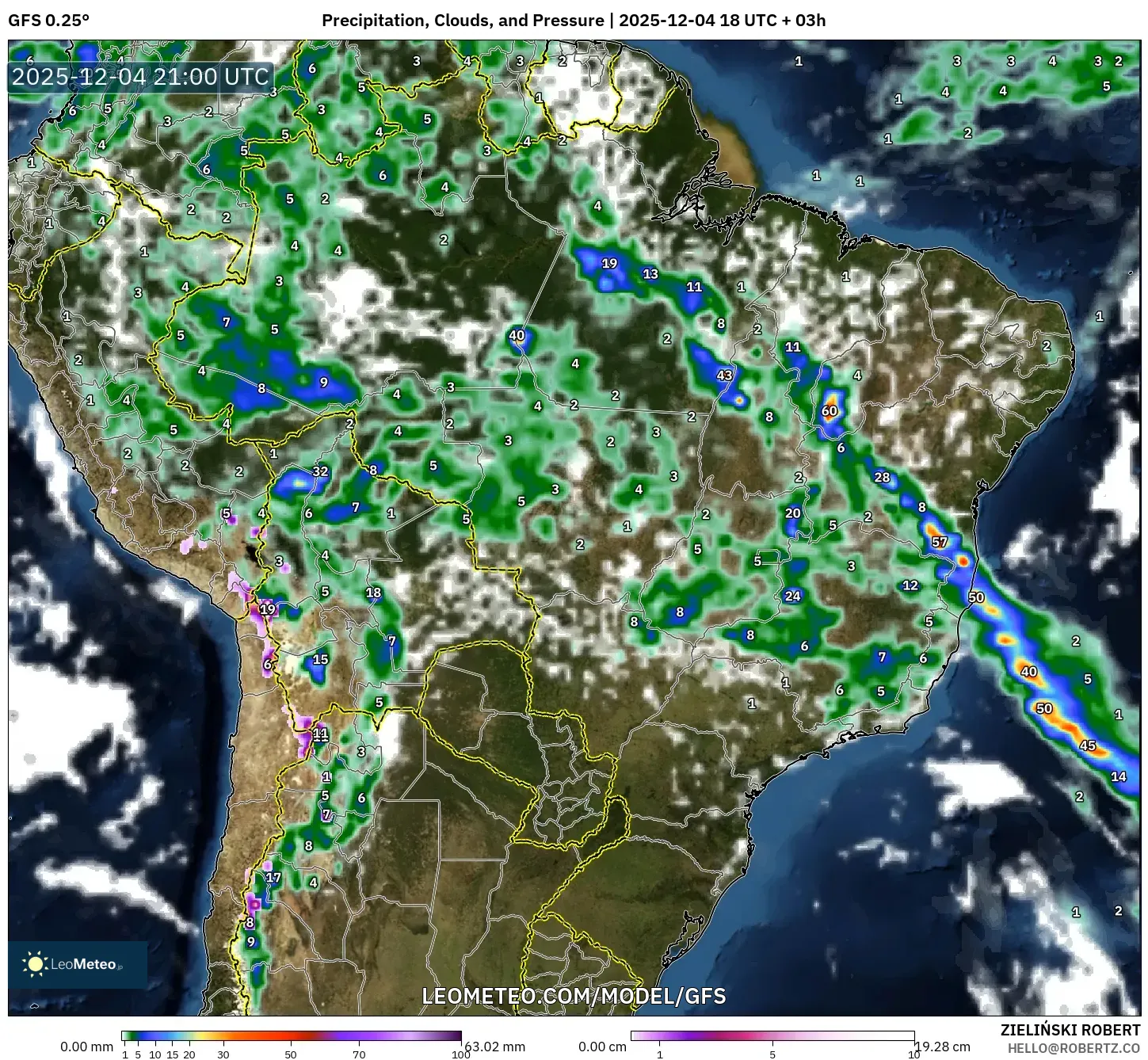 GFS model - Brazil, Precipitation, Clouds, and Pressure