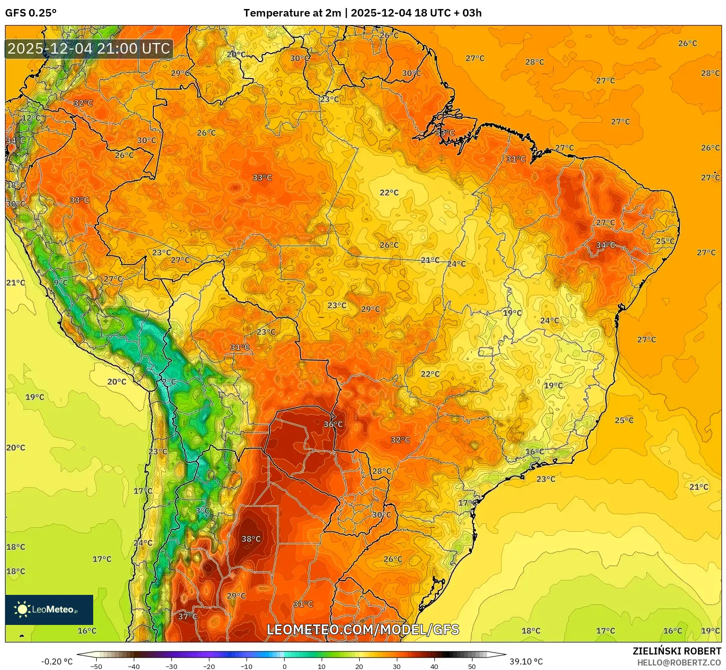 GFS model - Brazil, Temperature at 2m