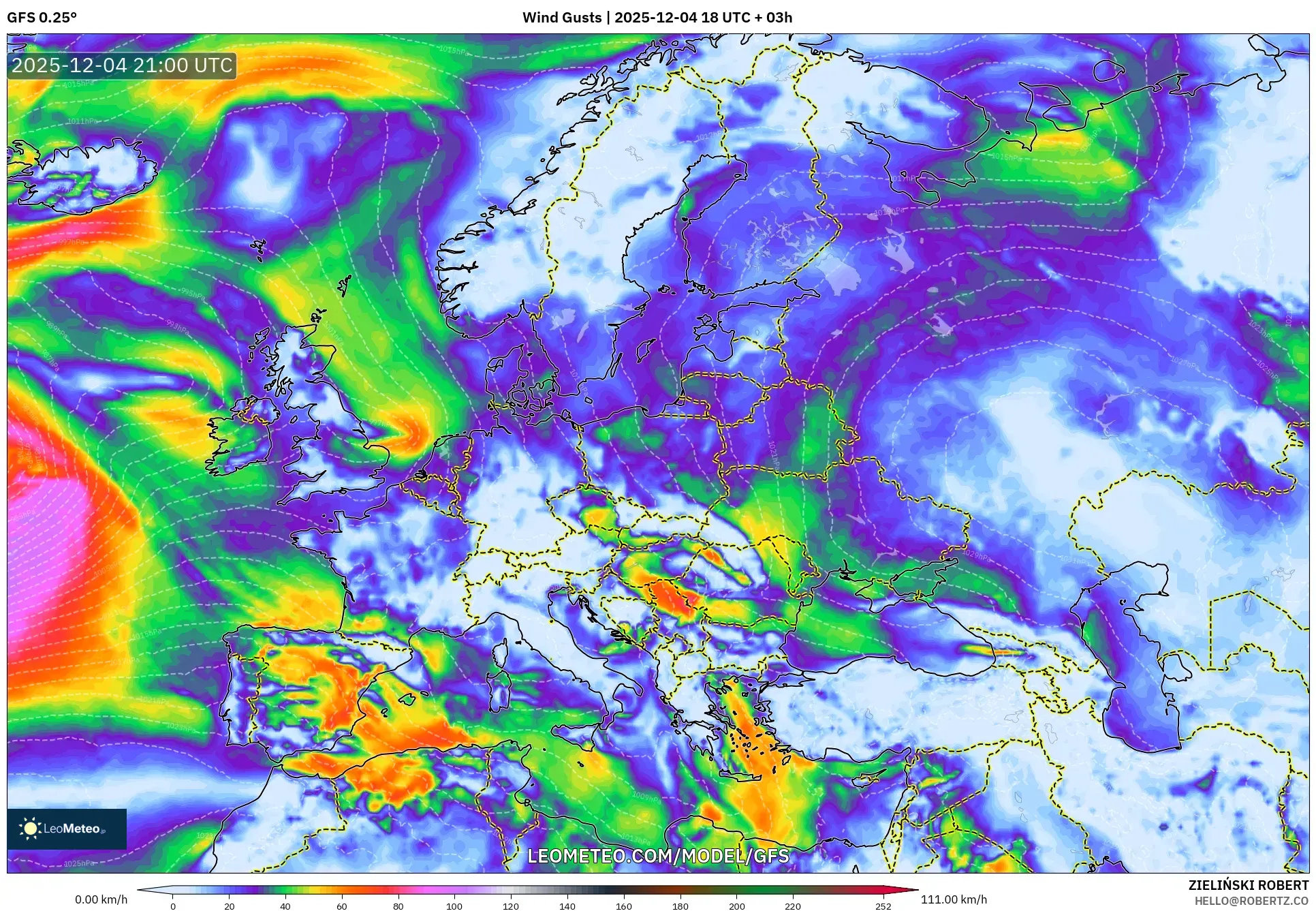 GFS model - Europe, Wind Gusts