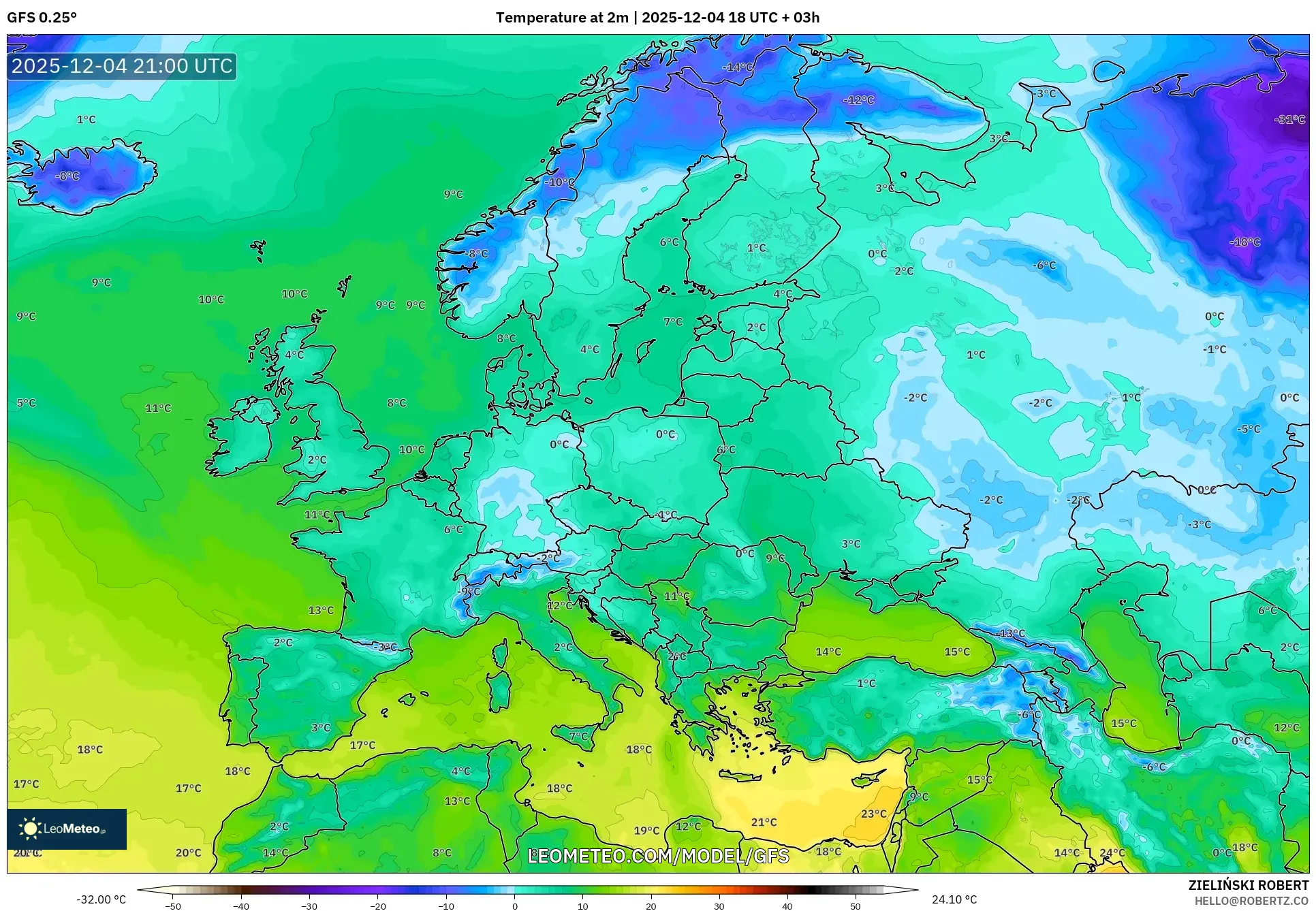 GFS model - Europe, Temperature at 2m