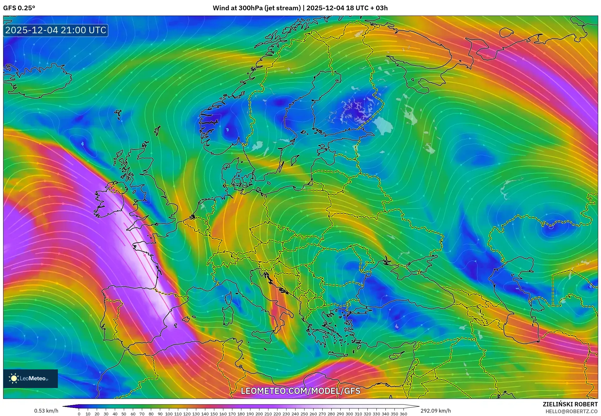 GFS model - Europe, Wind at 300hPa (jet stream)
