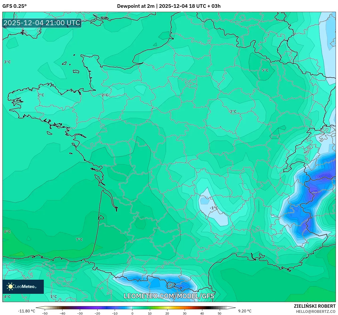 GFS model - France, Dewpoint at 2m