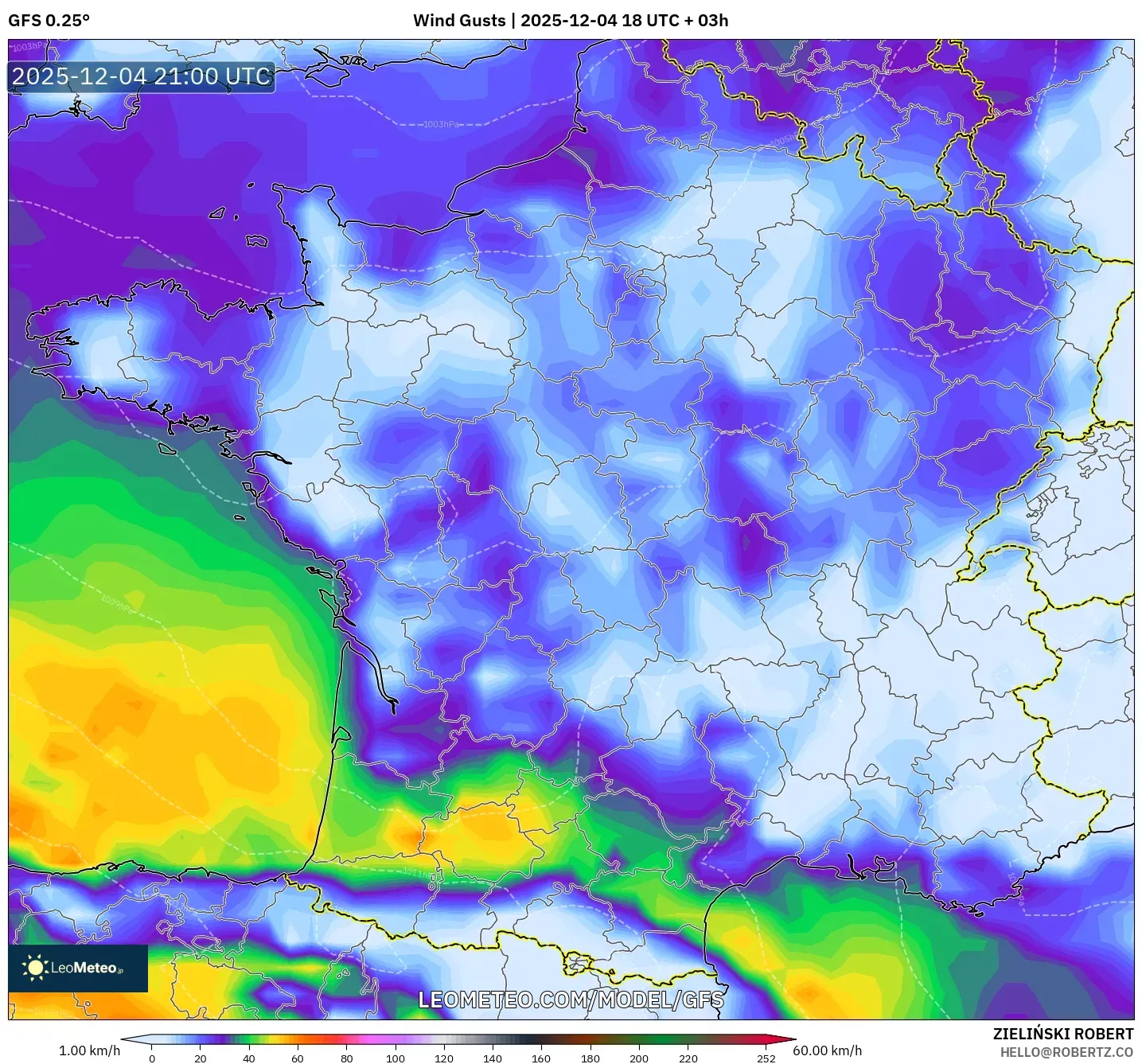 GFS model - France, Wind Gusts