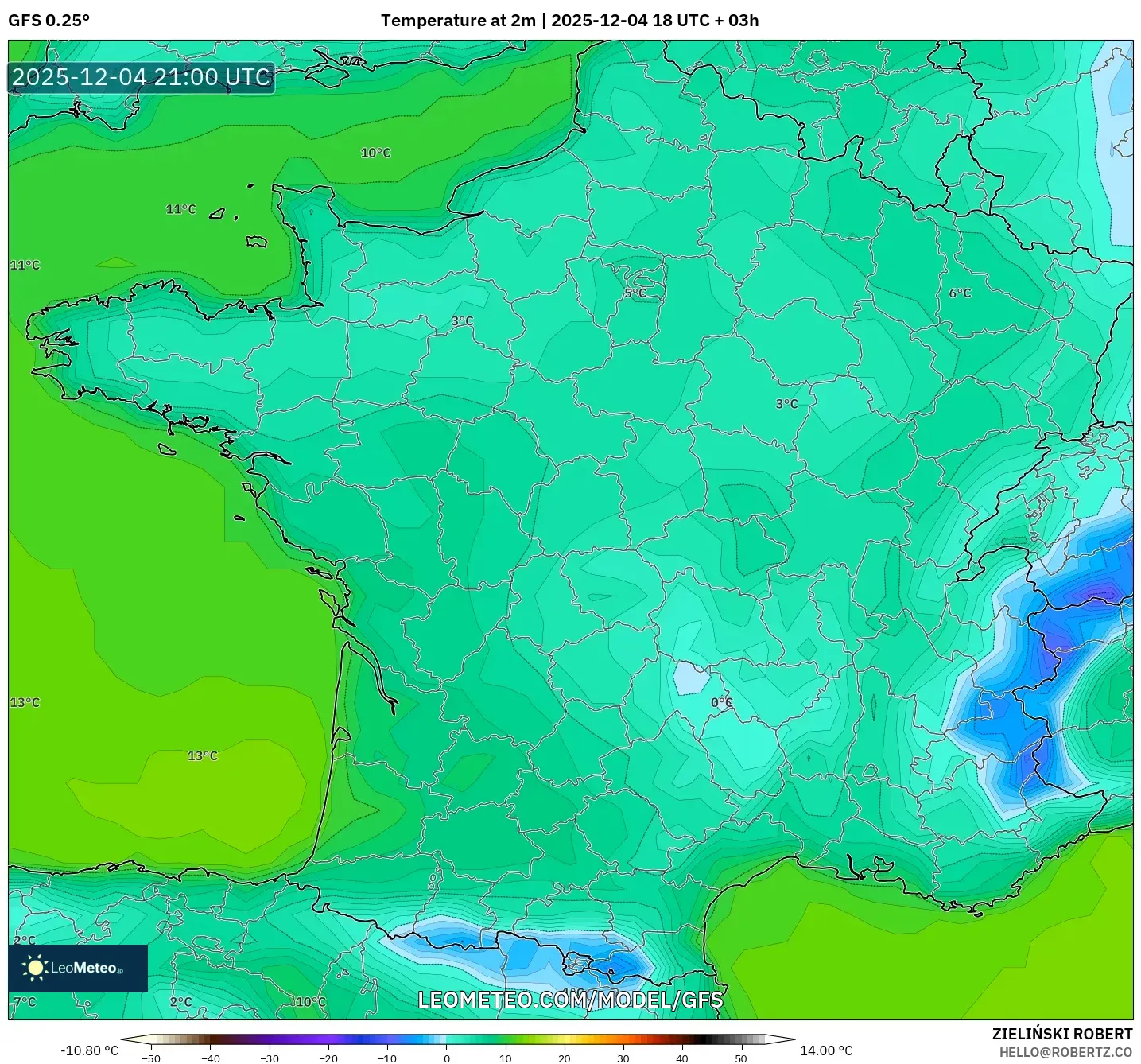 GFS model - France, Temperature at 2m