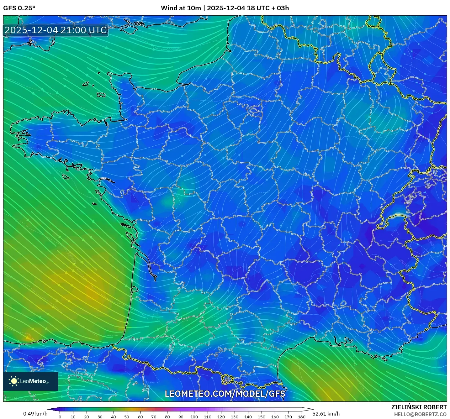 GFS model - France, Wind at 10m