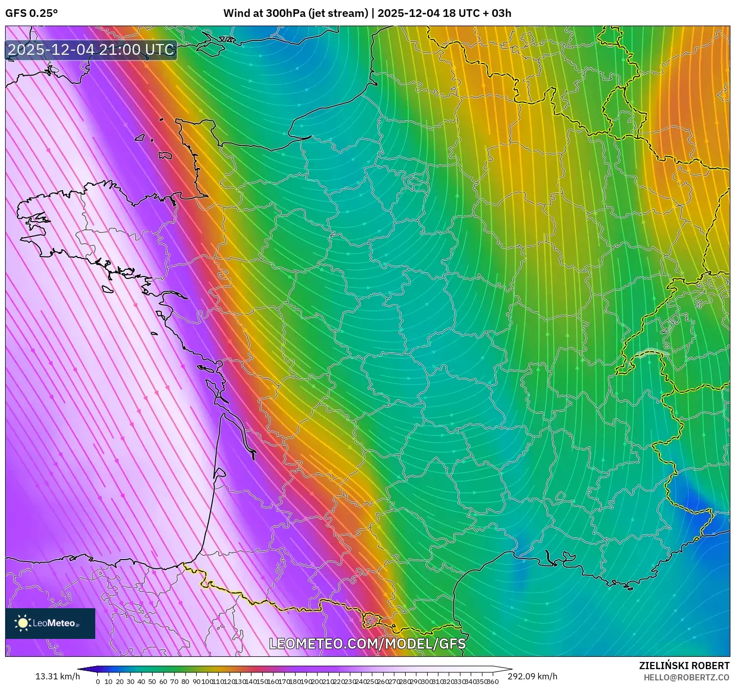 GFS model - France, Wind at 300hPa (jet stream)
