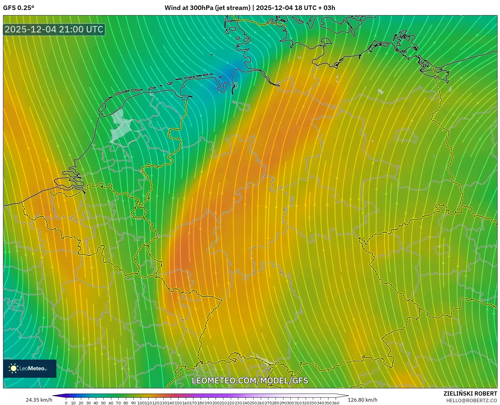 GFS model - Germany, Wind at 300hPa (jet stream)