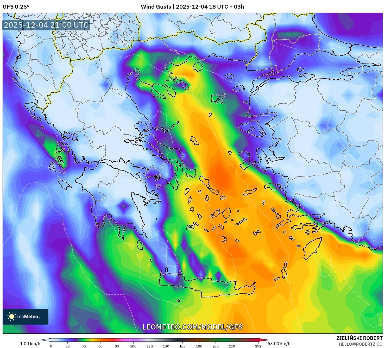 GFS model - Greece, Wind Gusts