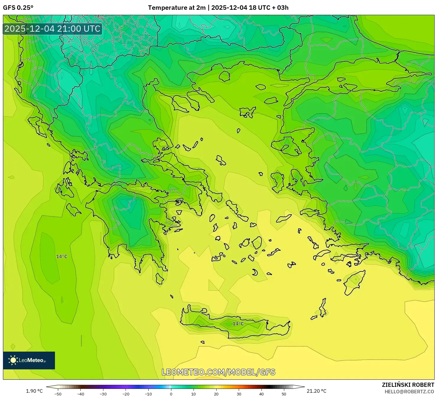 GFS model - Greece, Temperature at 2m