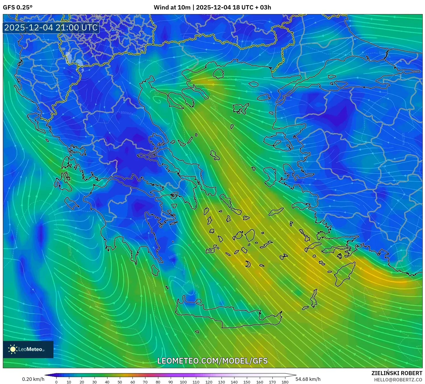 GFS model - Greece, Wind at 10m