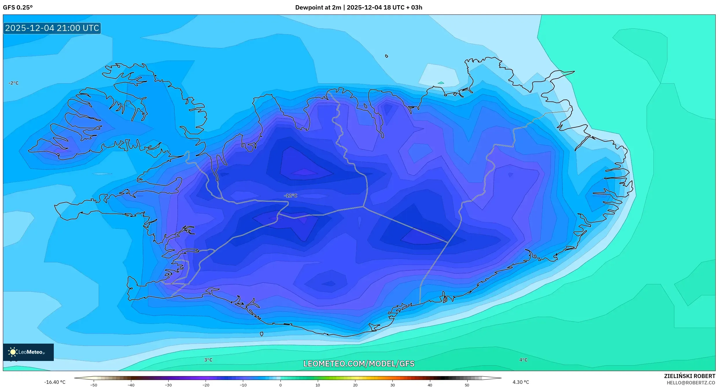 GFS model - Iceland, Dewpoint at 2m