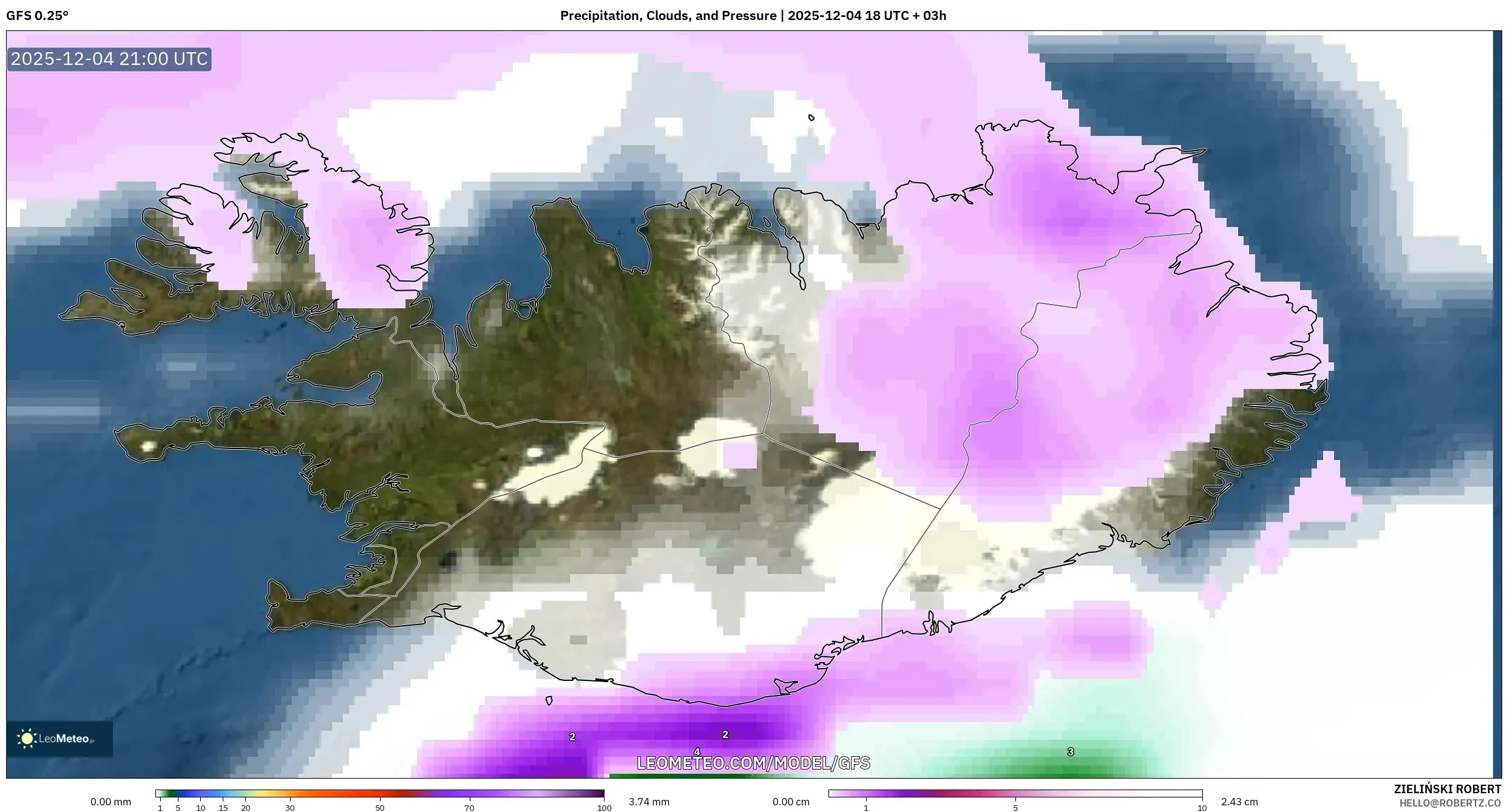 GFS model - Iceland, Precipitation, Clouds, and Pressure
