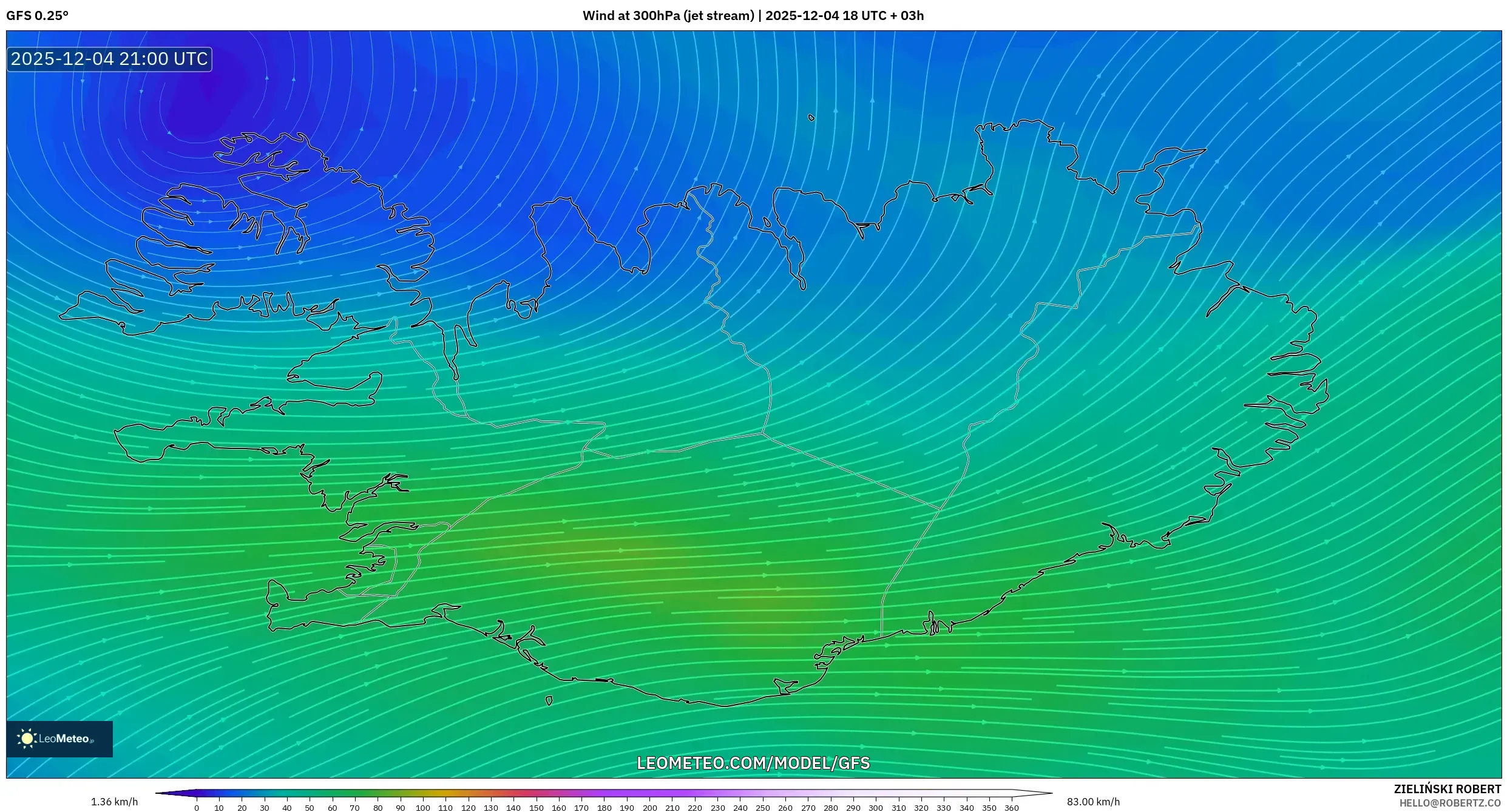 GFS model - Iceland, Wind at 300hPa (jet stream)
