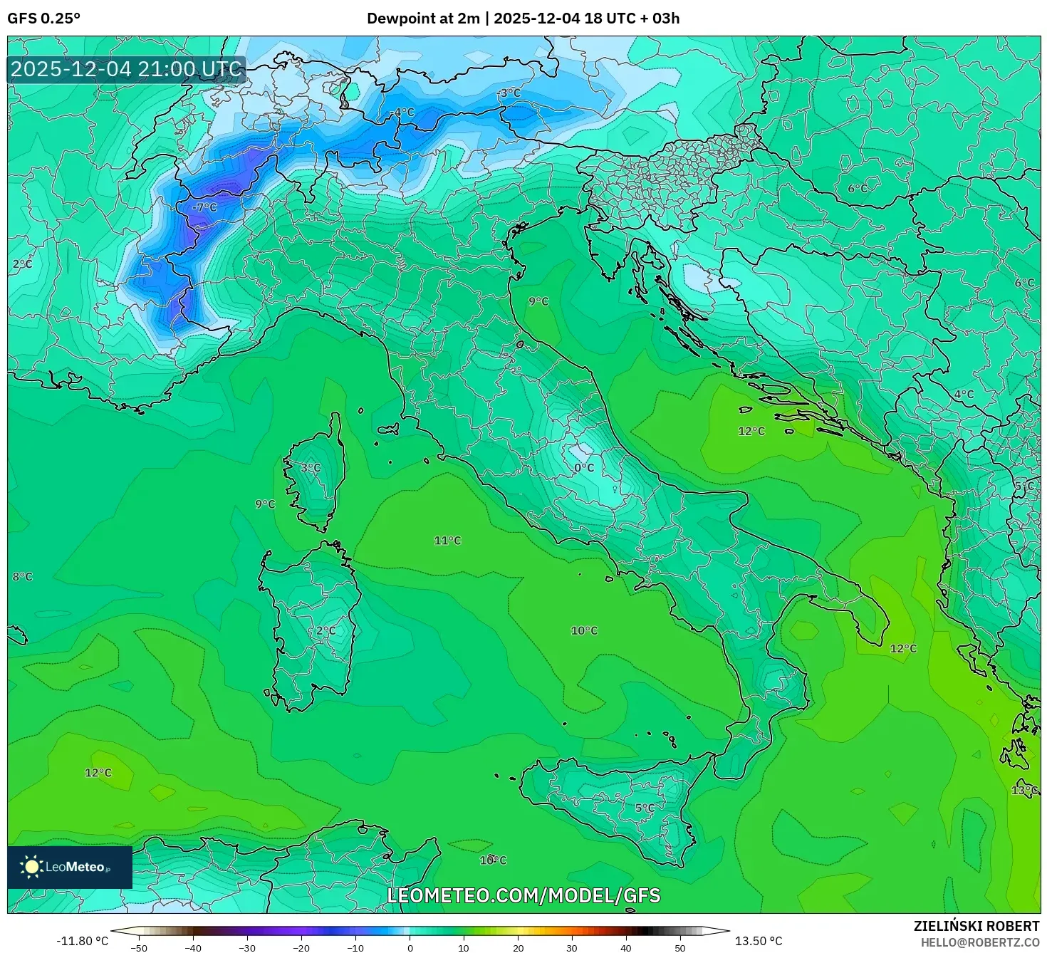 GFS model - Italy, Dewpoint at 2m