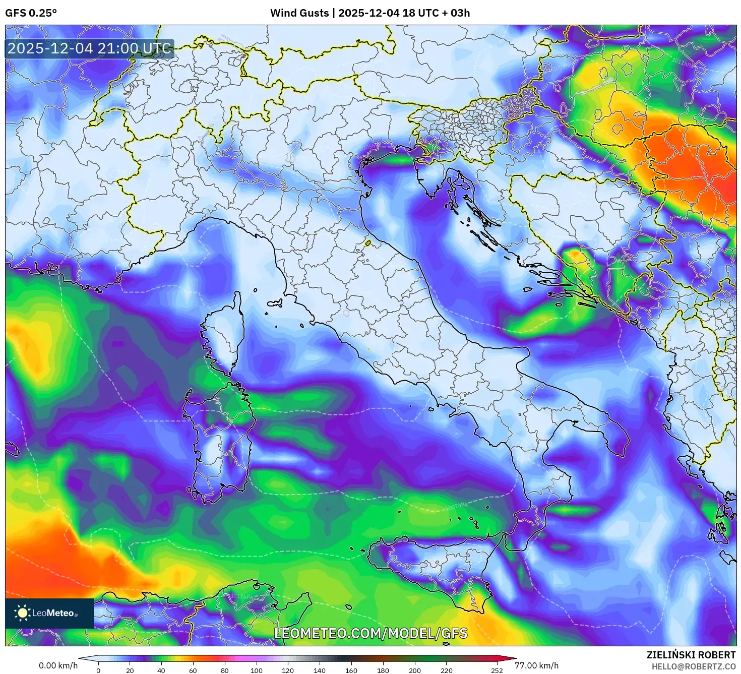 GFS model - Italy, Wind Gusts