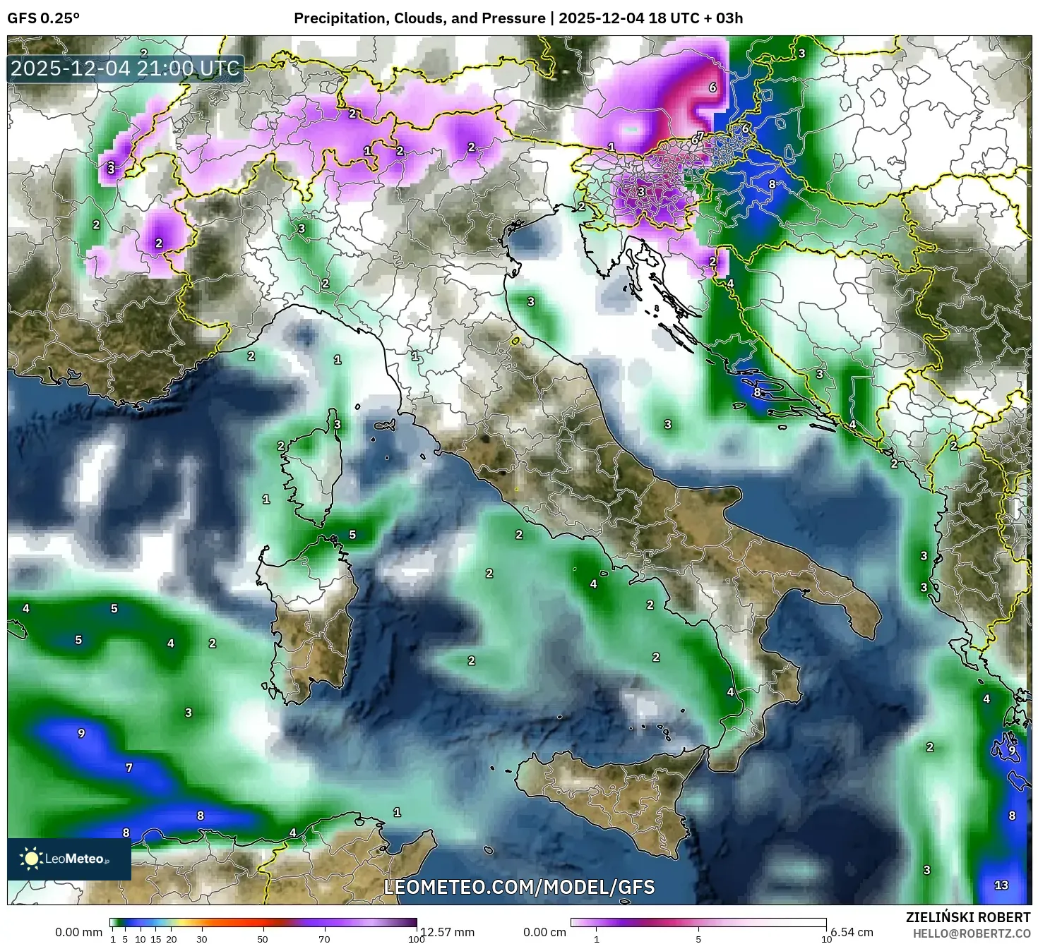 GFS model - Italy, Precipitation, Clouds, and Pressure