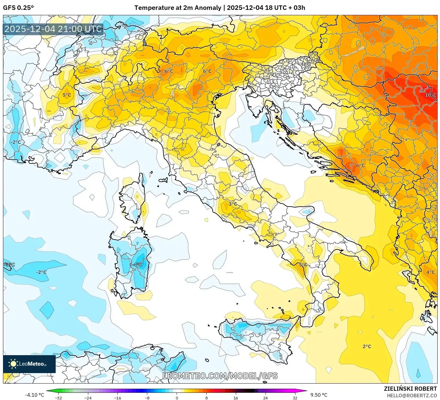 GFS model - Italy, Temperature at 2m Anomaly