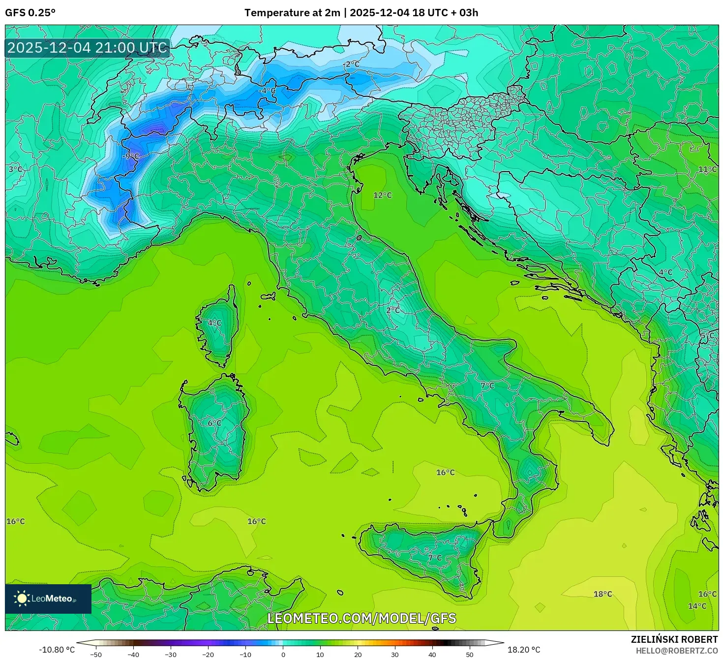 GFS model - Italy, Temperature at 2m