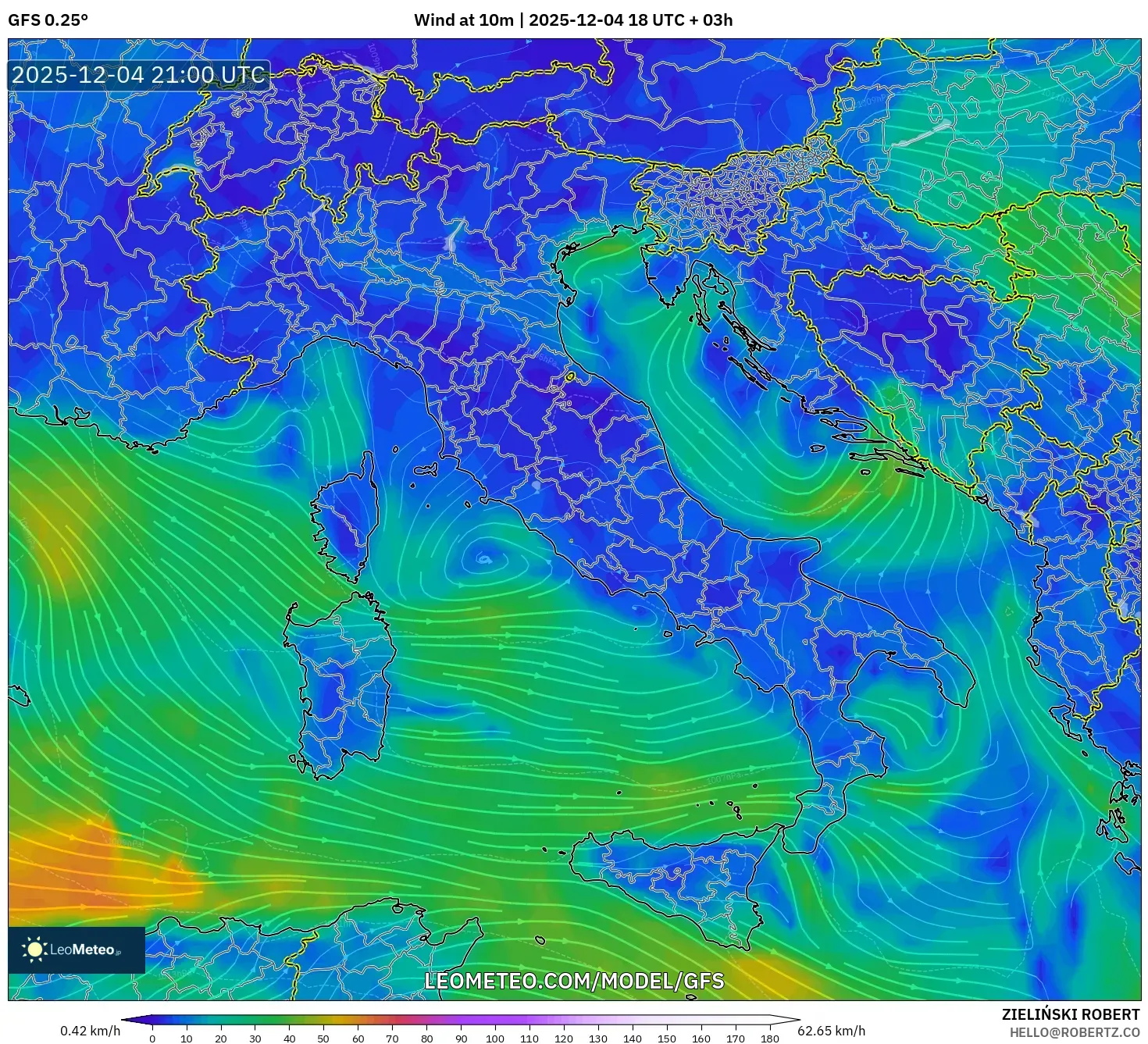 GFS model - Italy, Wind at 10m