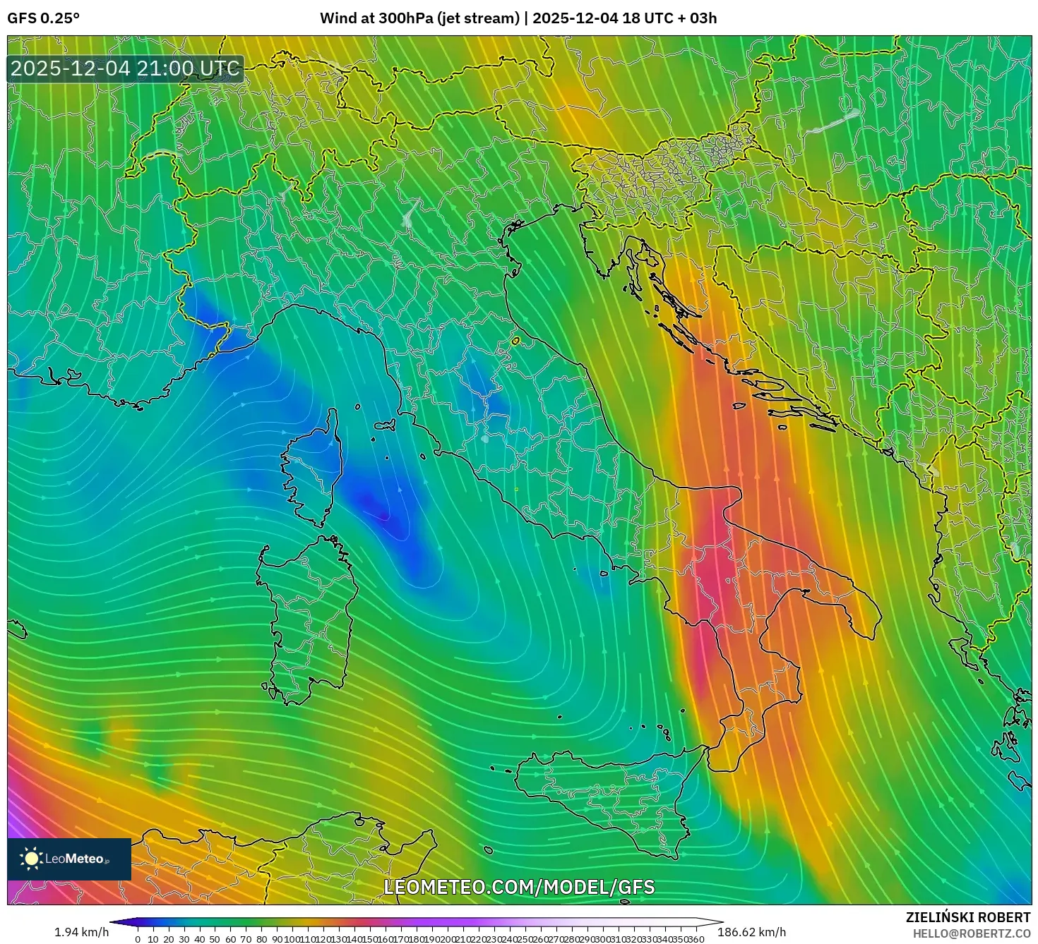 GFS model - Italy, Wind at 300hPa (jet stream)