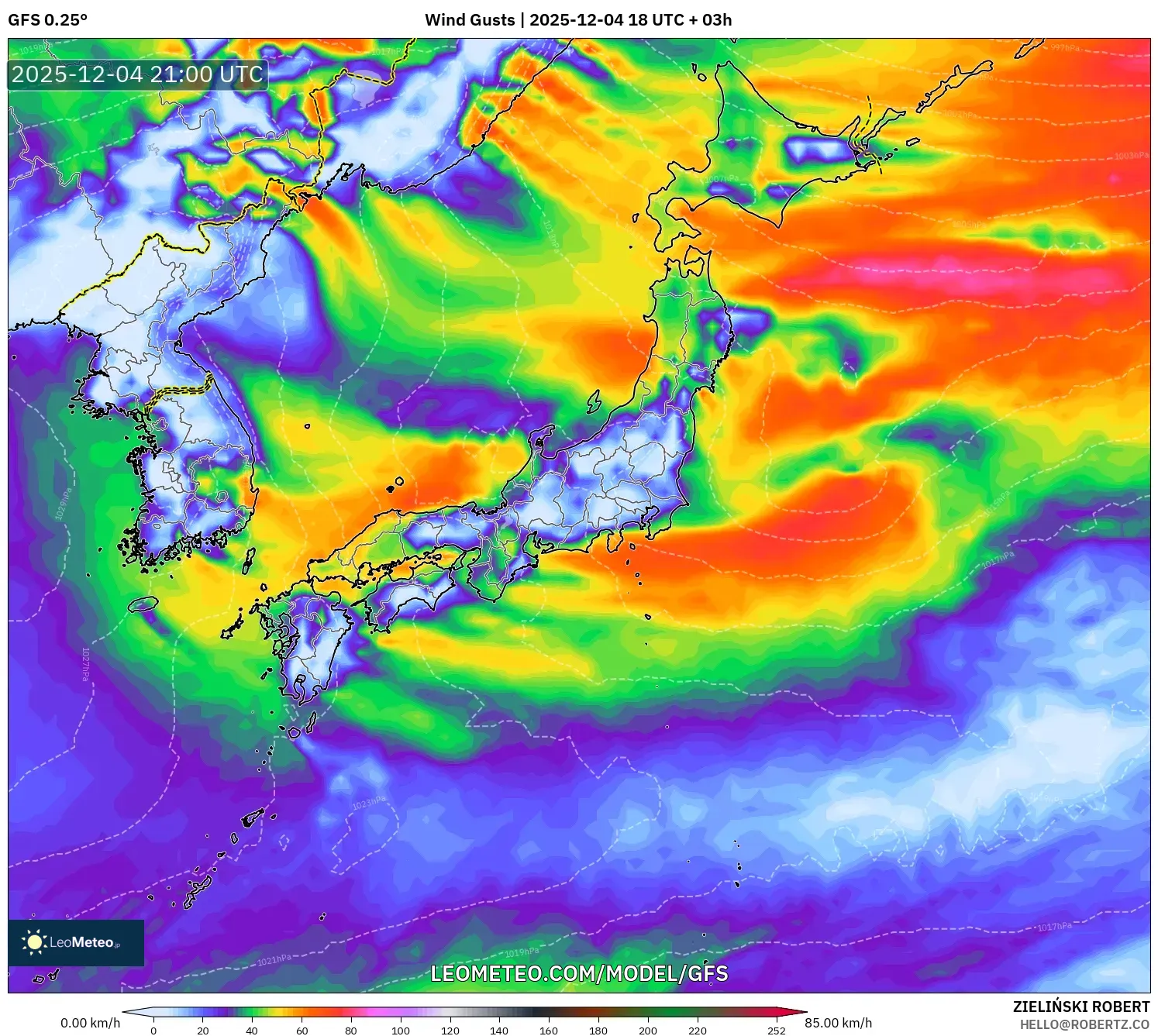 GFS model - Japan, Wind Gusts