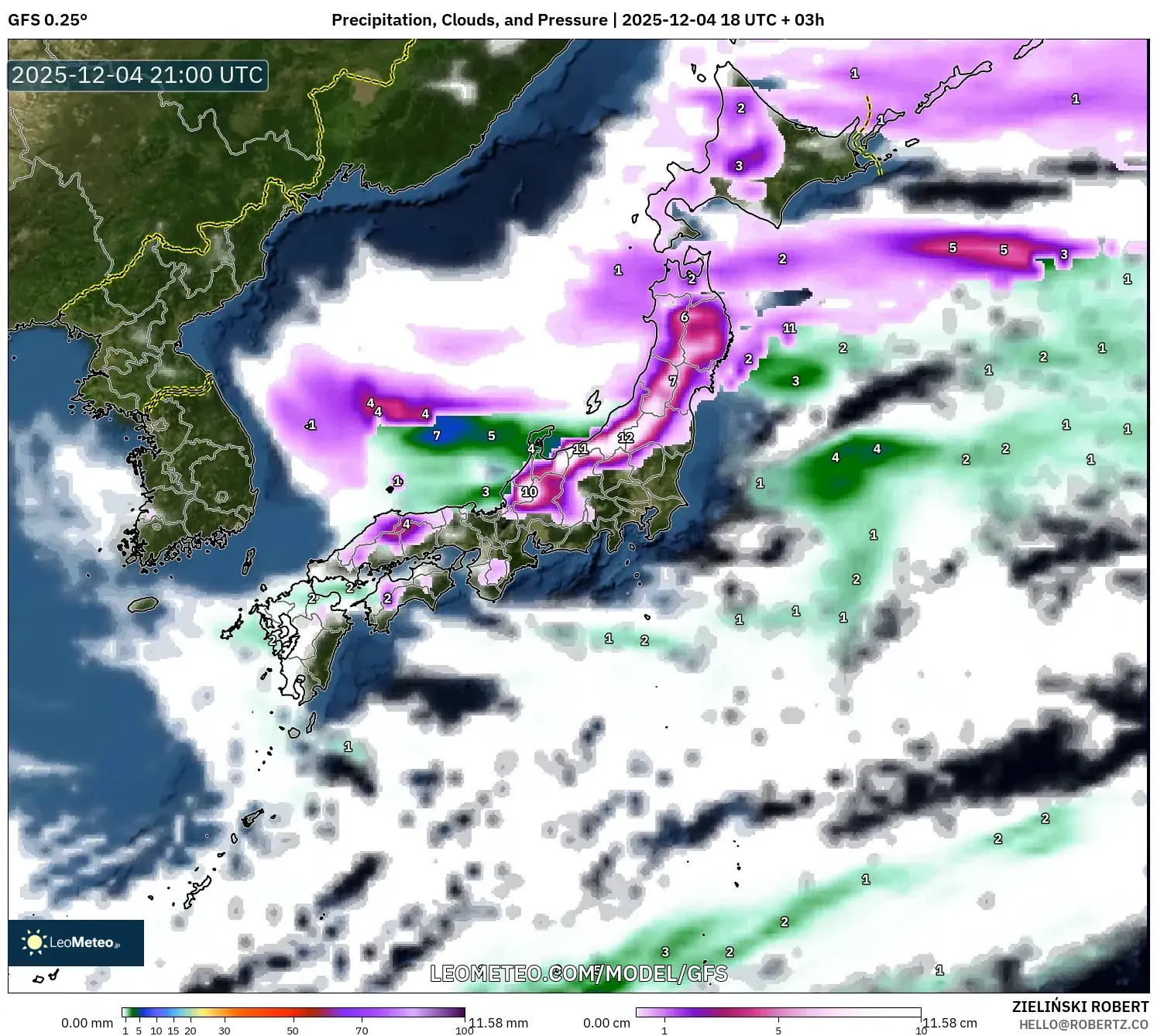 GFS model - Japan, Precipitation, Clouds, and Pressure