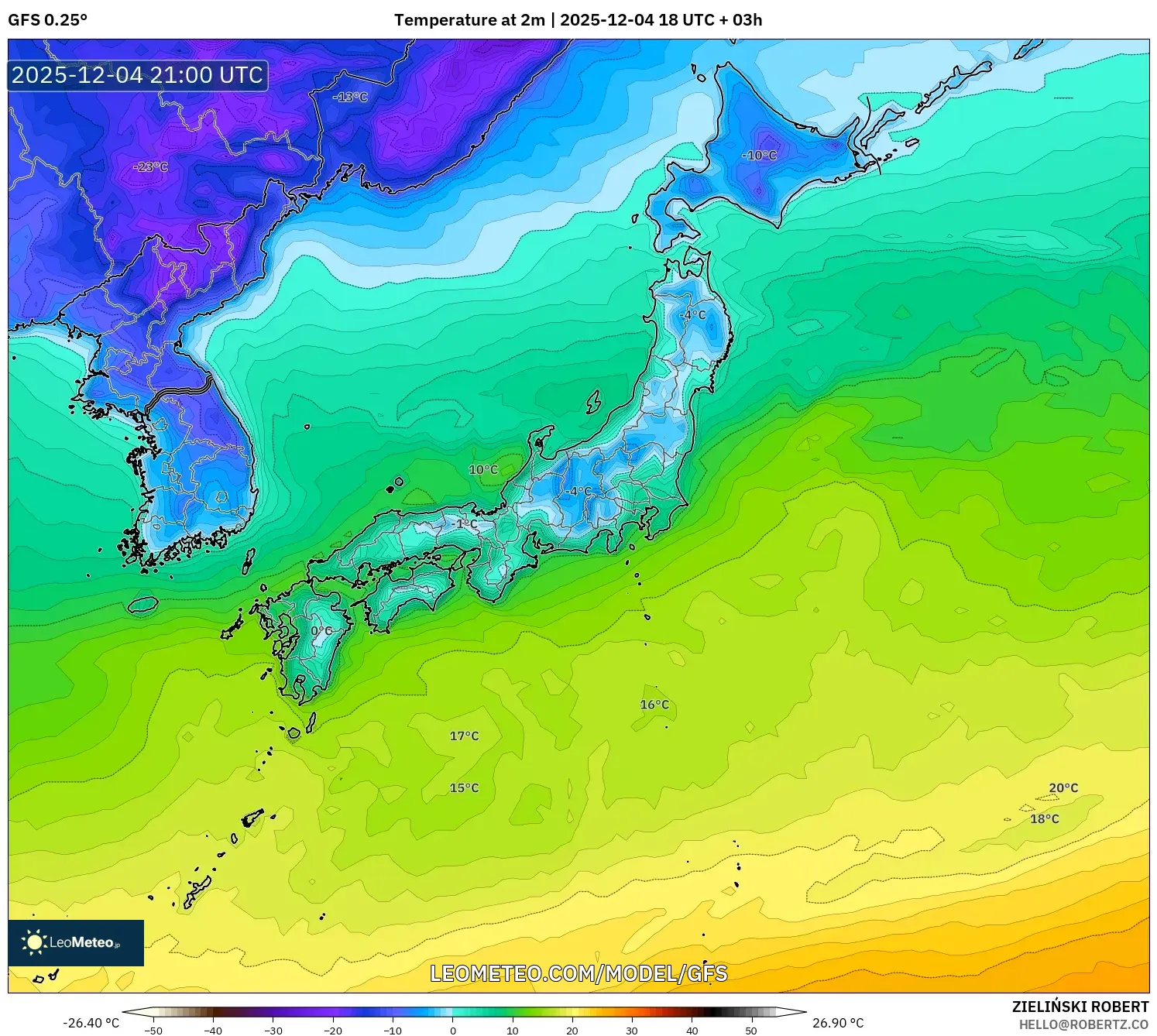 GFS model - Japan, Temperature at 2m