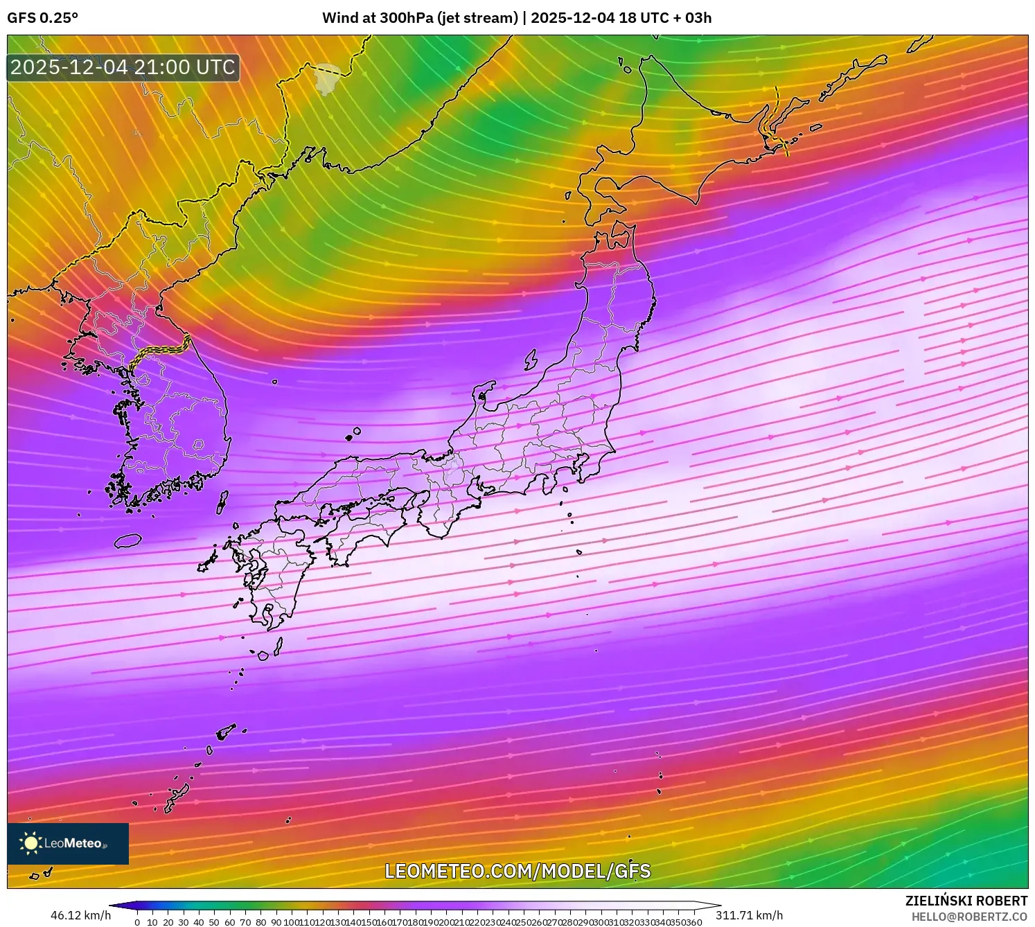 GFS model - Japan, Wind at 300hPa (jet stream)