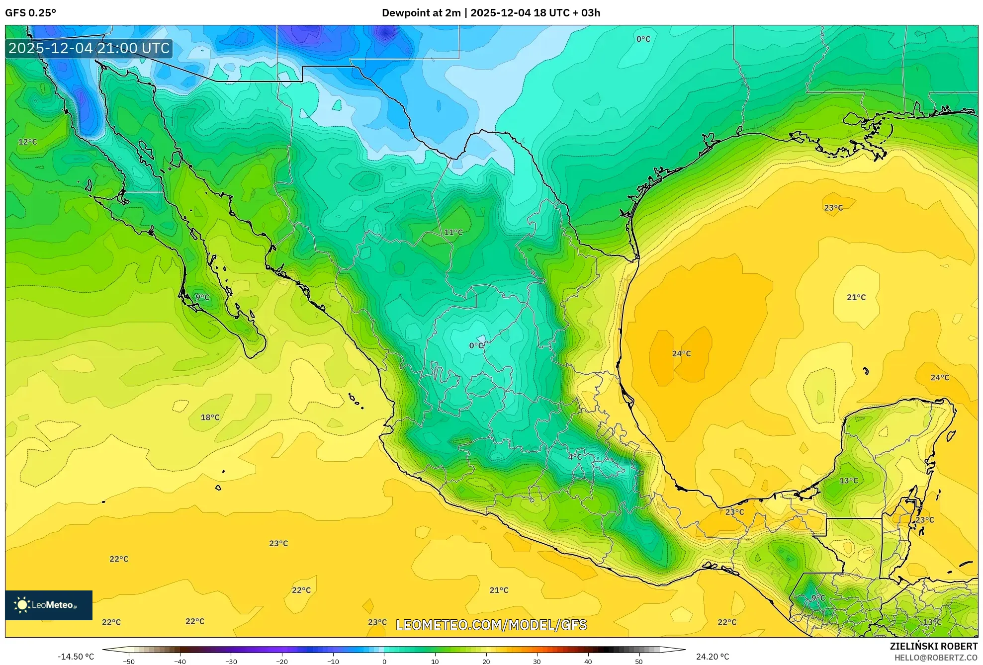 GFS model - Mexico, Dewpoint at 2m