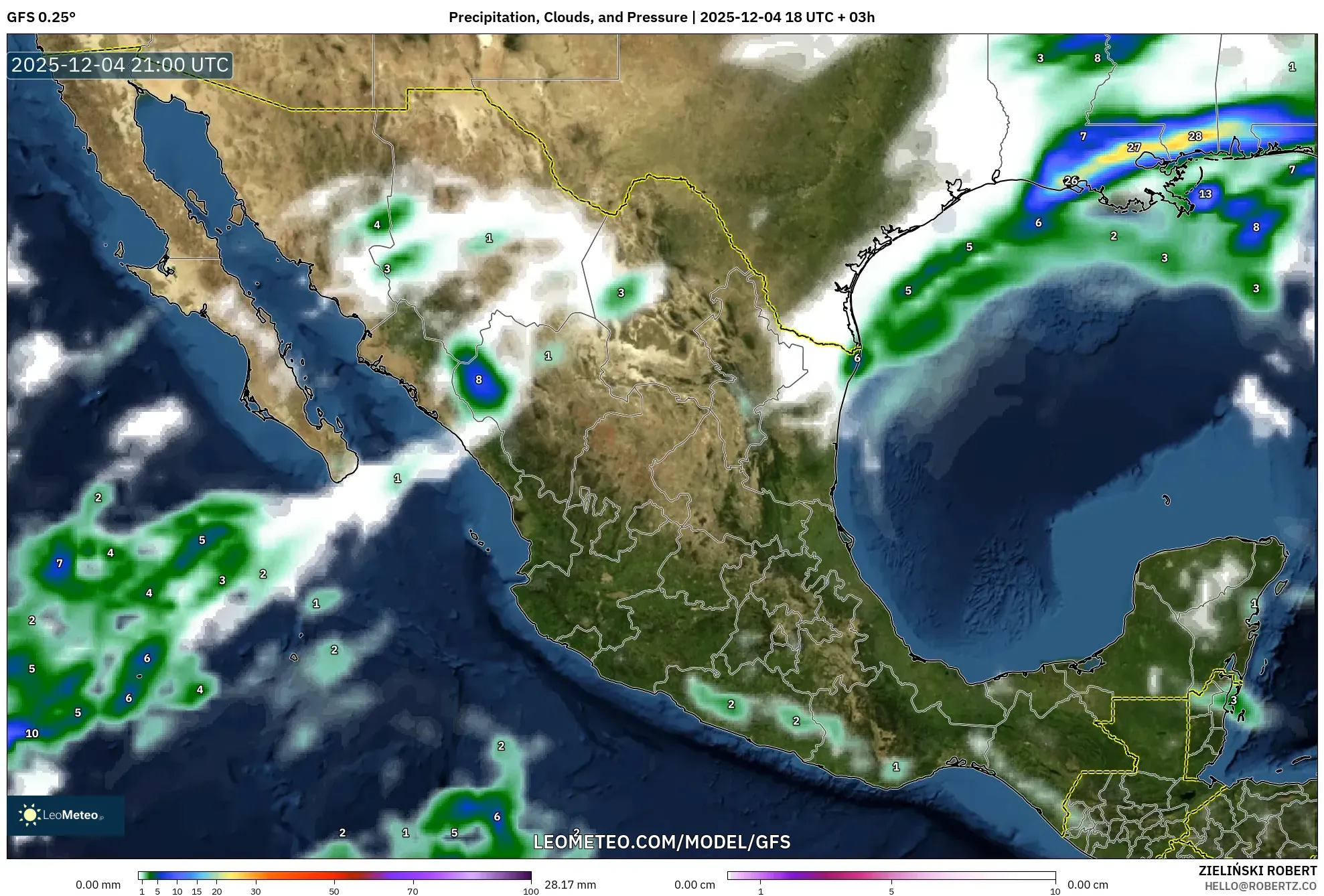 GFS model - Mexico, Precipitation, Clouds, and Pressure