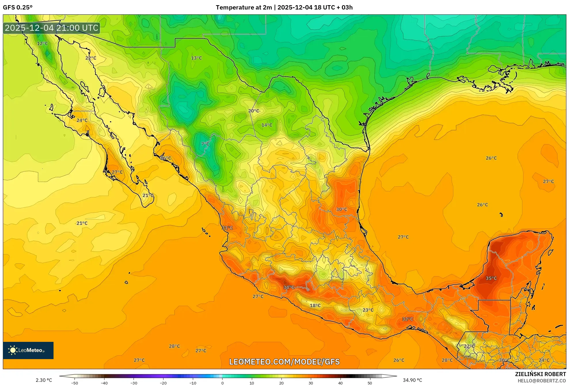GFS model - Mexico, Temperature at 2m