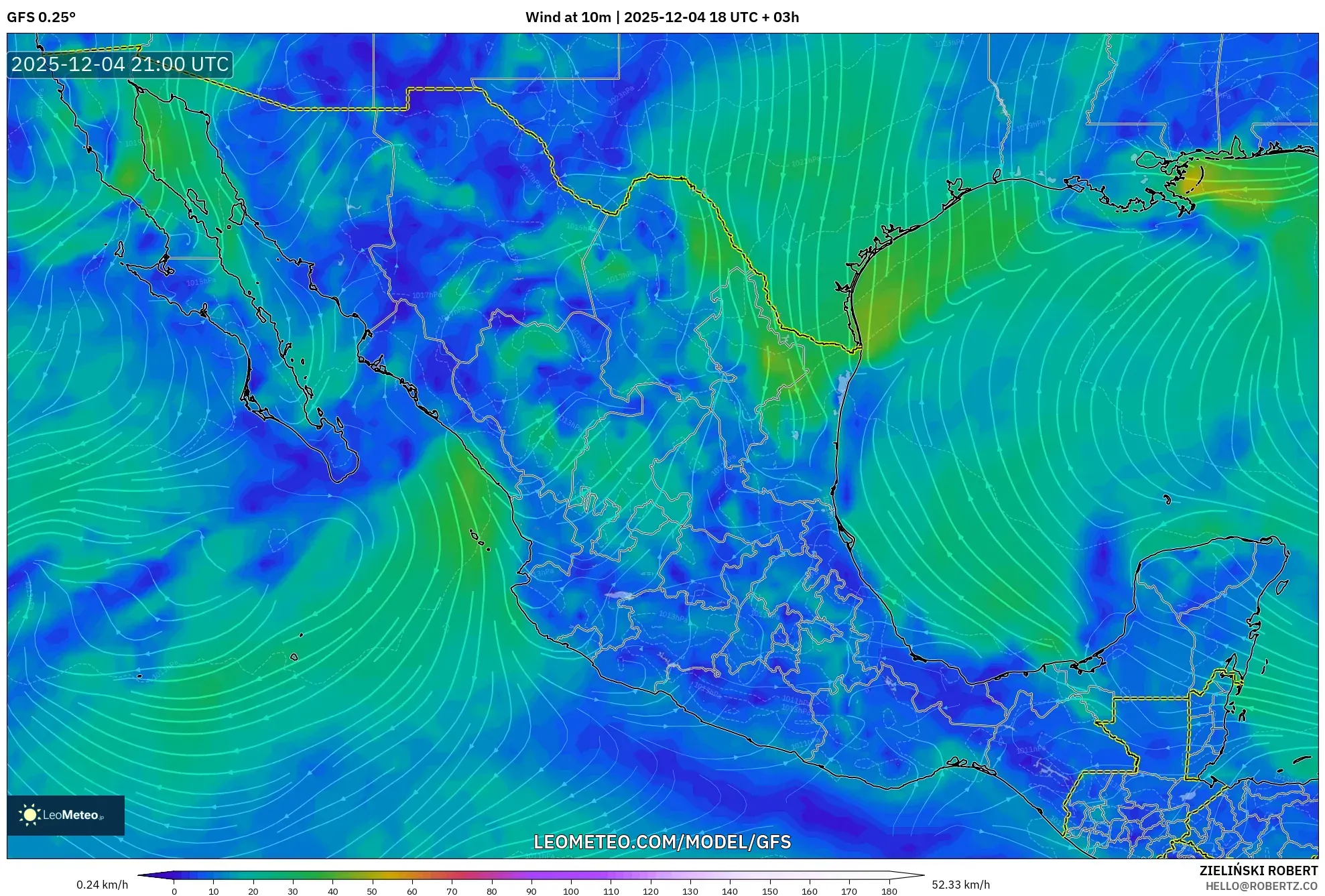 GFS model - Mexico, Wind at 10m