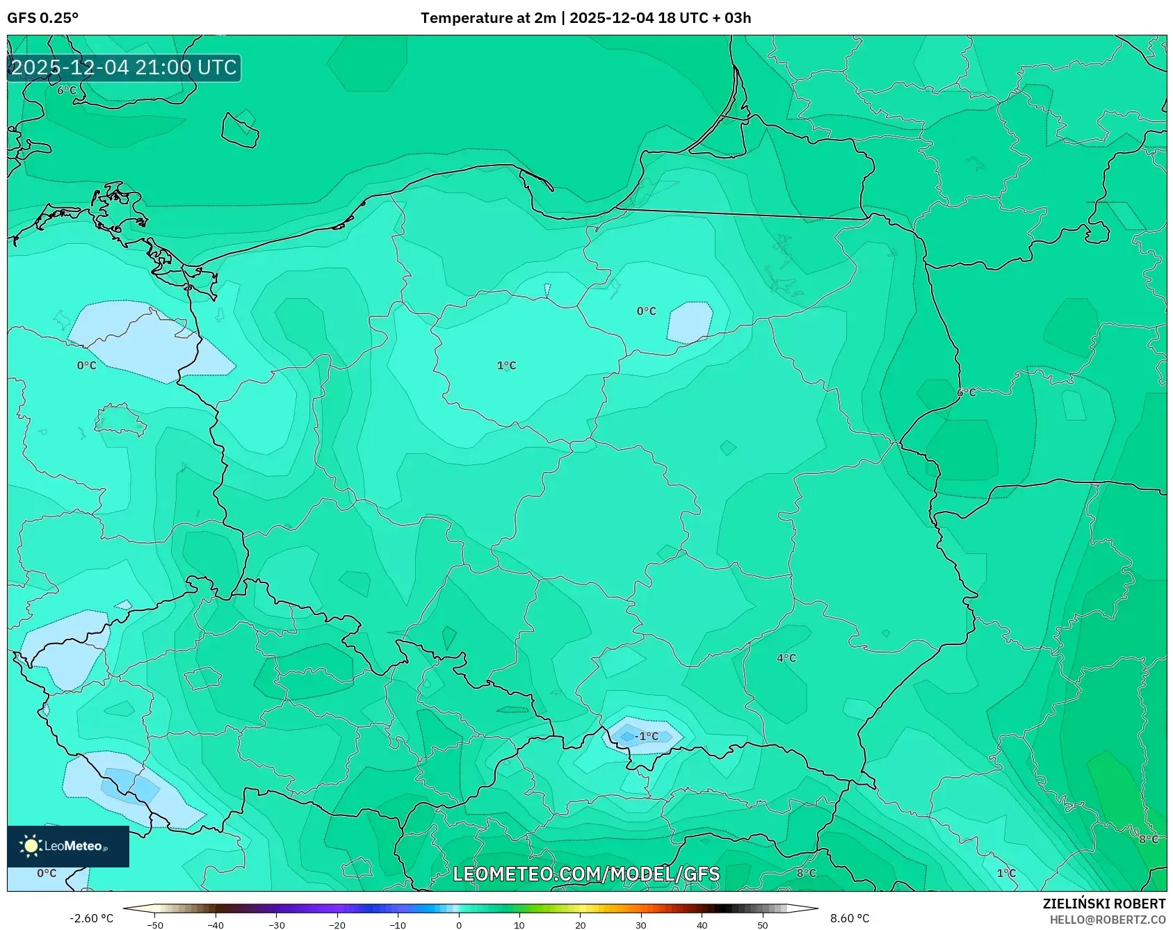GFS model - Poland, Temperature at 2m