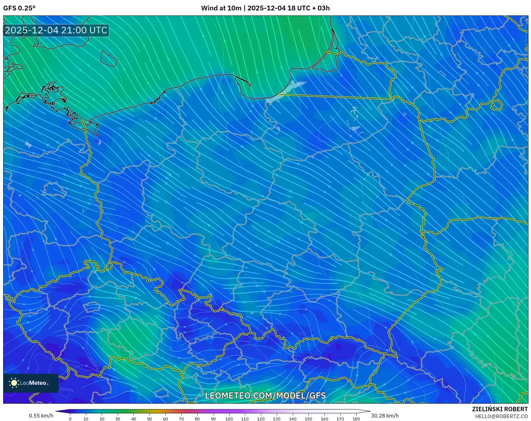 GFS model - Poland, Wind at 10m