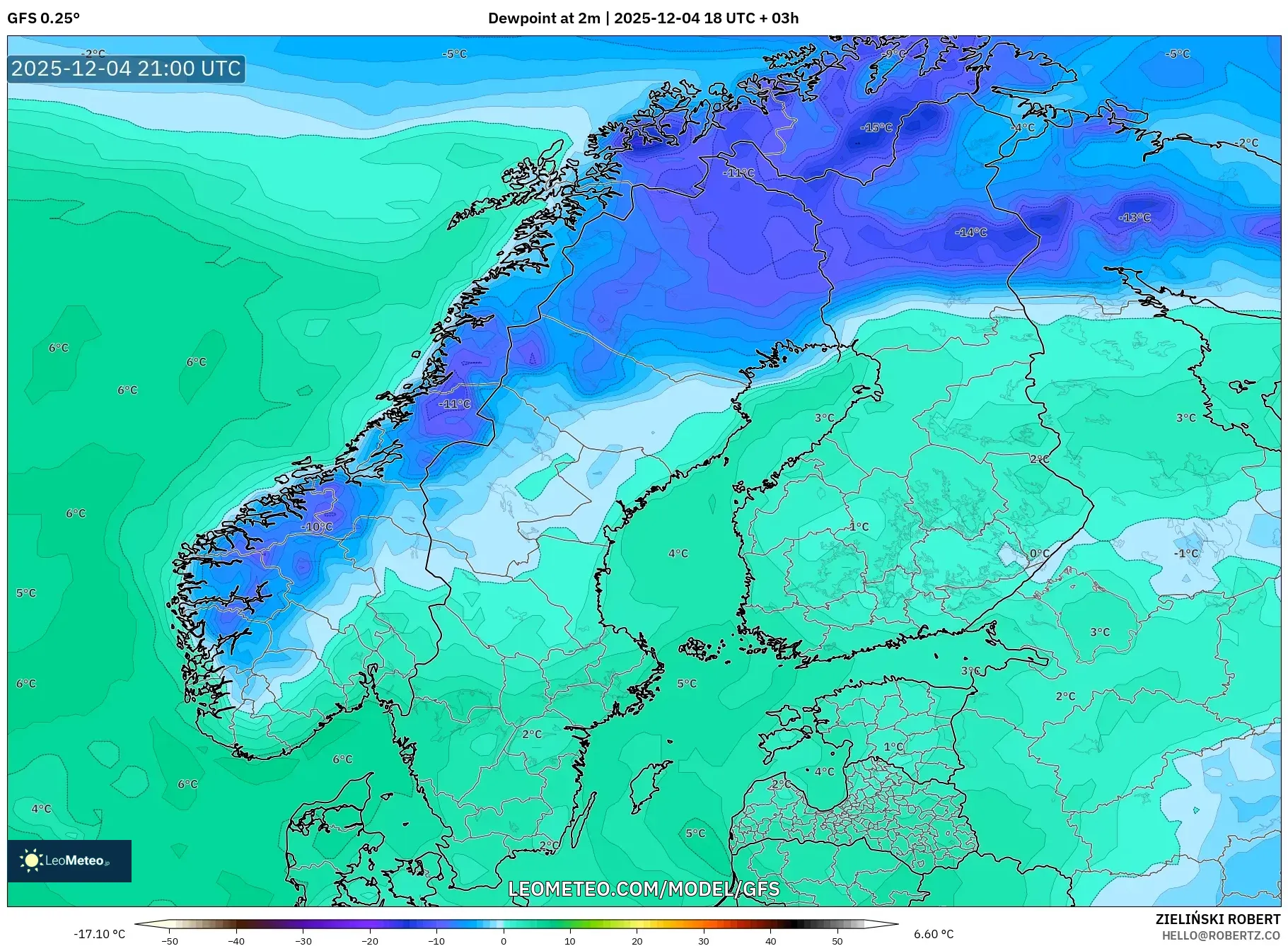 GFS model - Scandinavia, Dewpoint at 2m