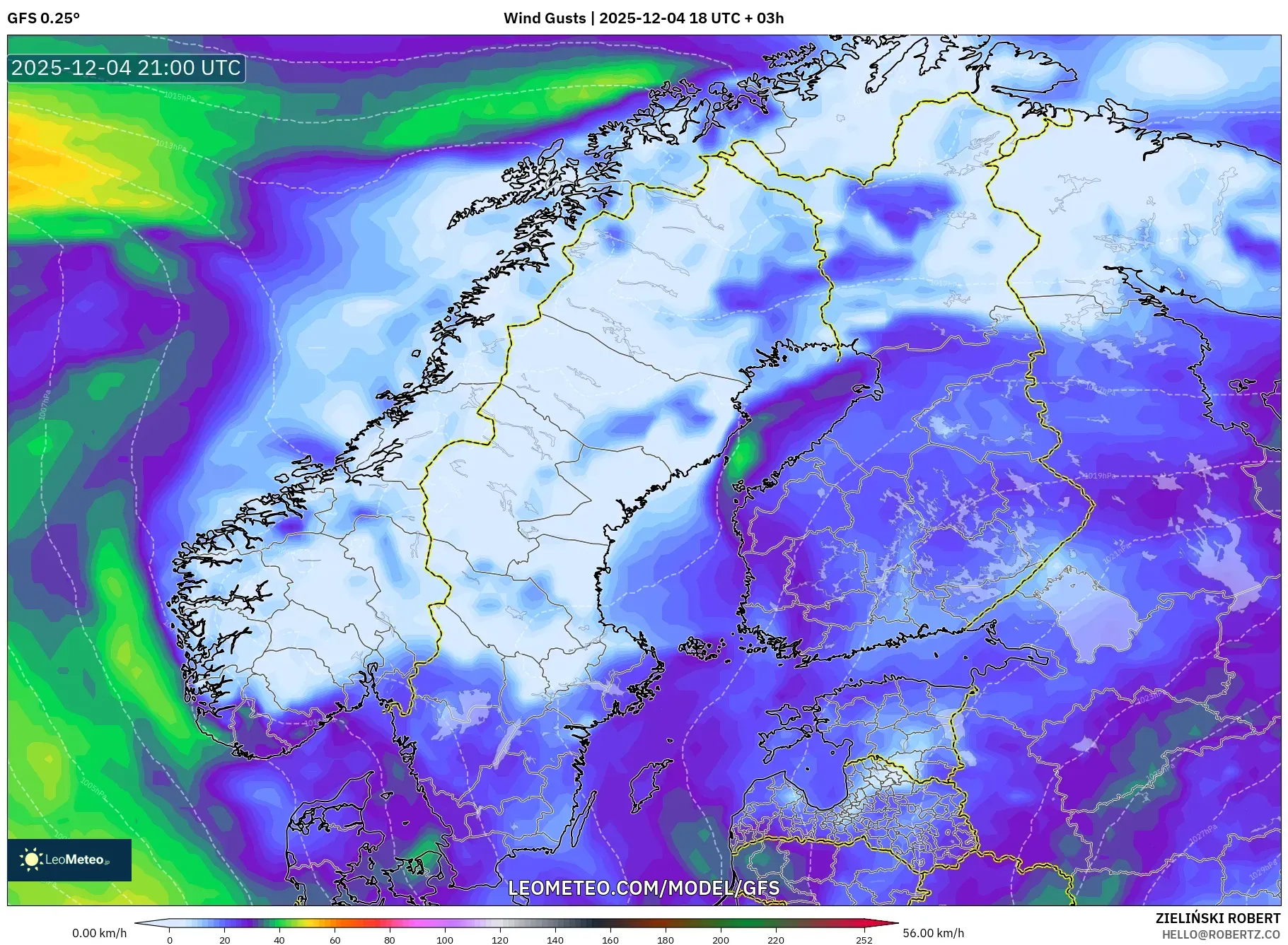 GFS model - Scandinavia, Wind Gusts
