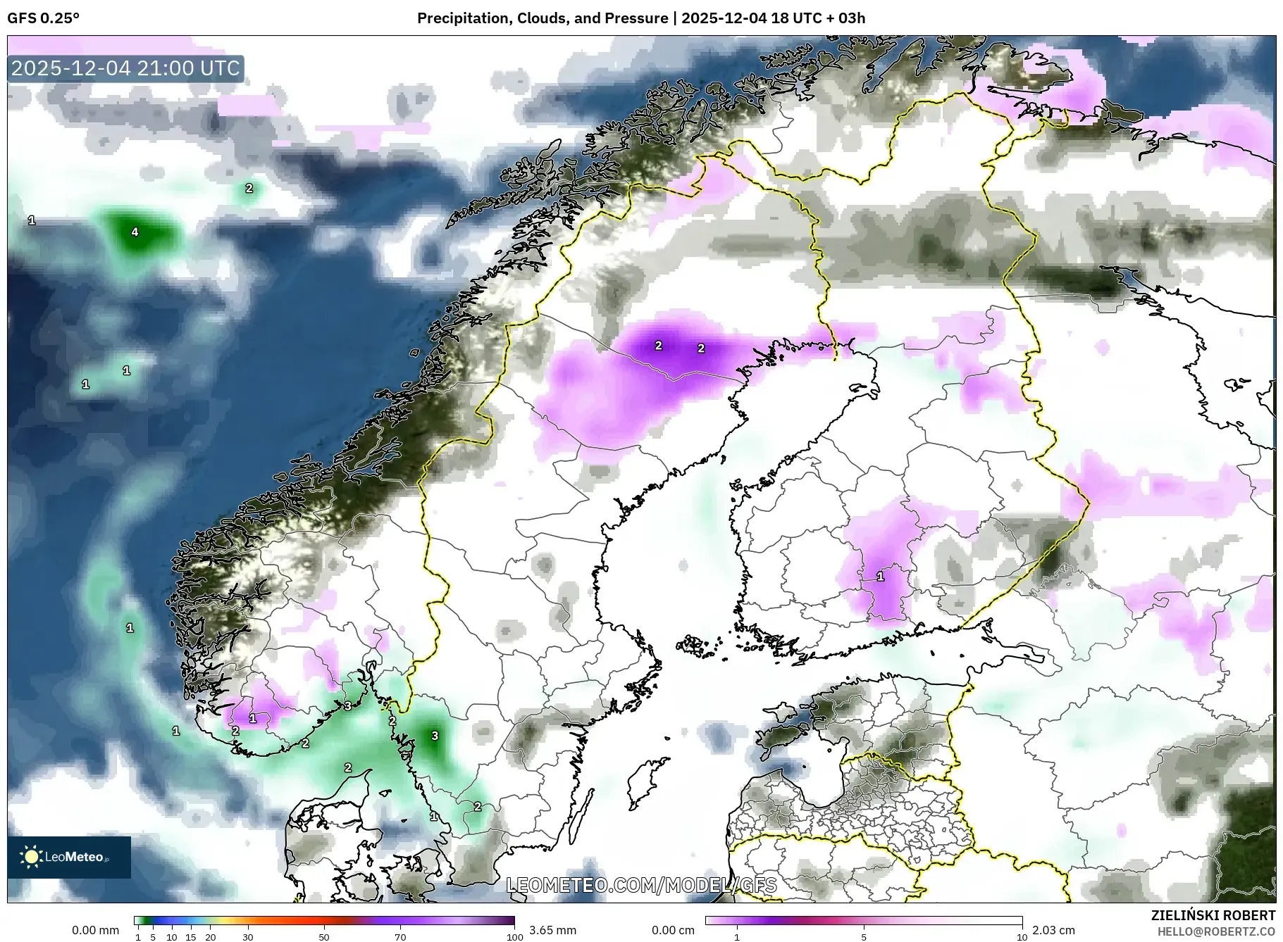 GFS model - Scandinavia, Precipitation, Clouds, and Pressure