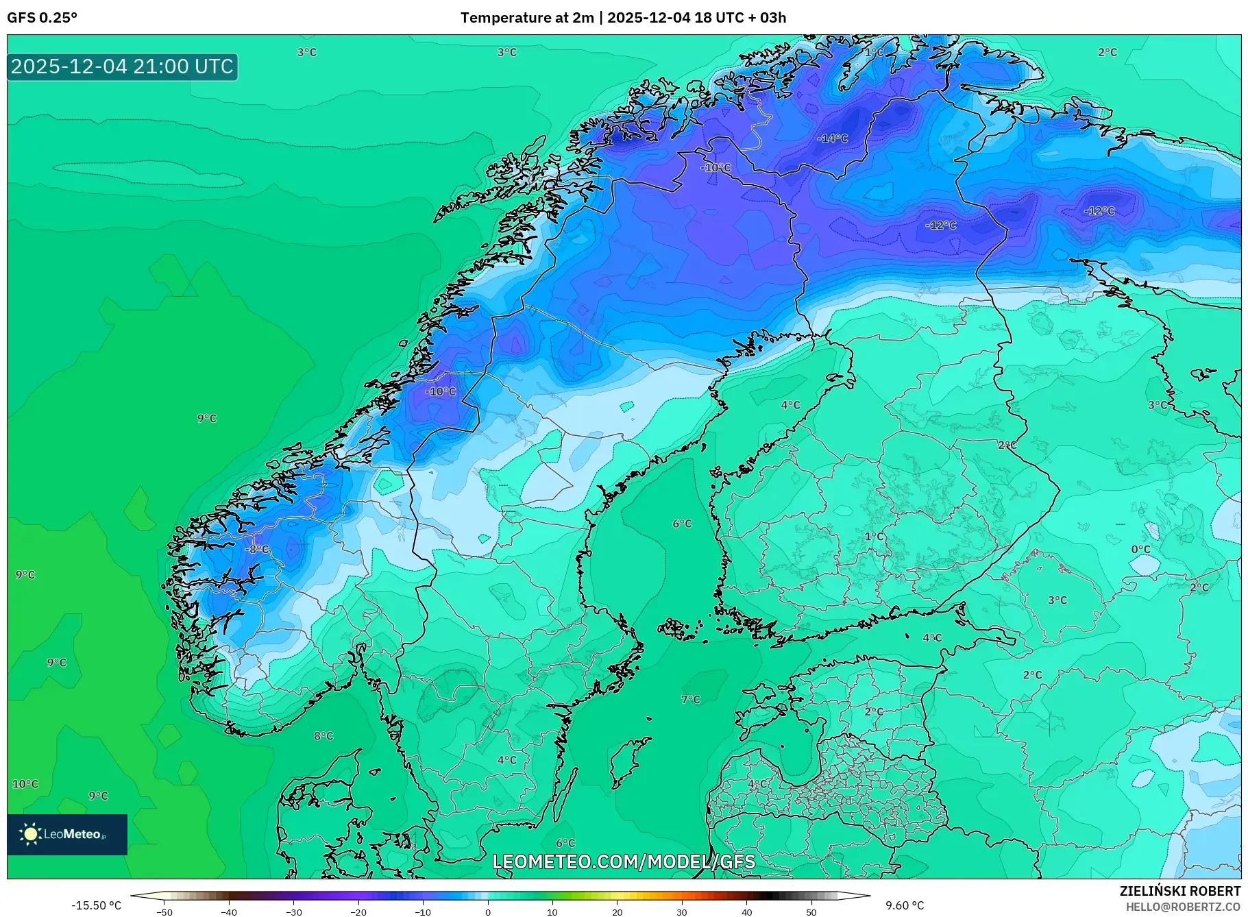 GFS model - Scandinavia, Temperature at 2m