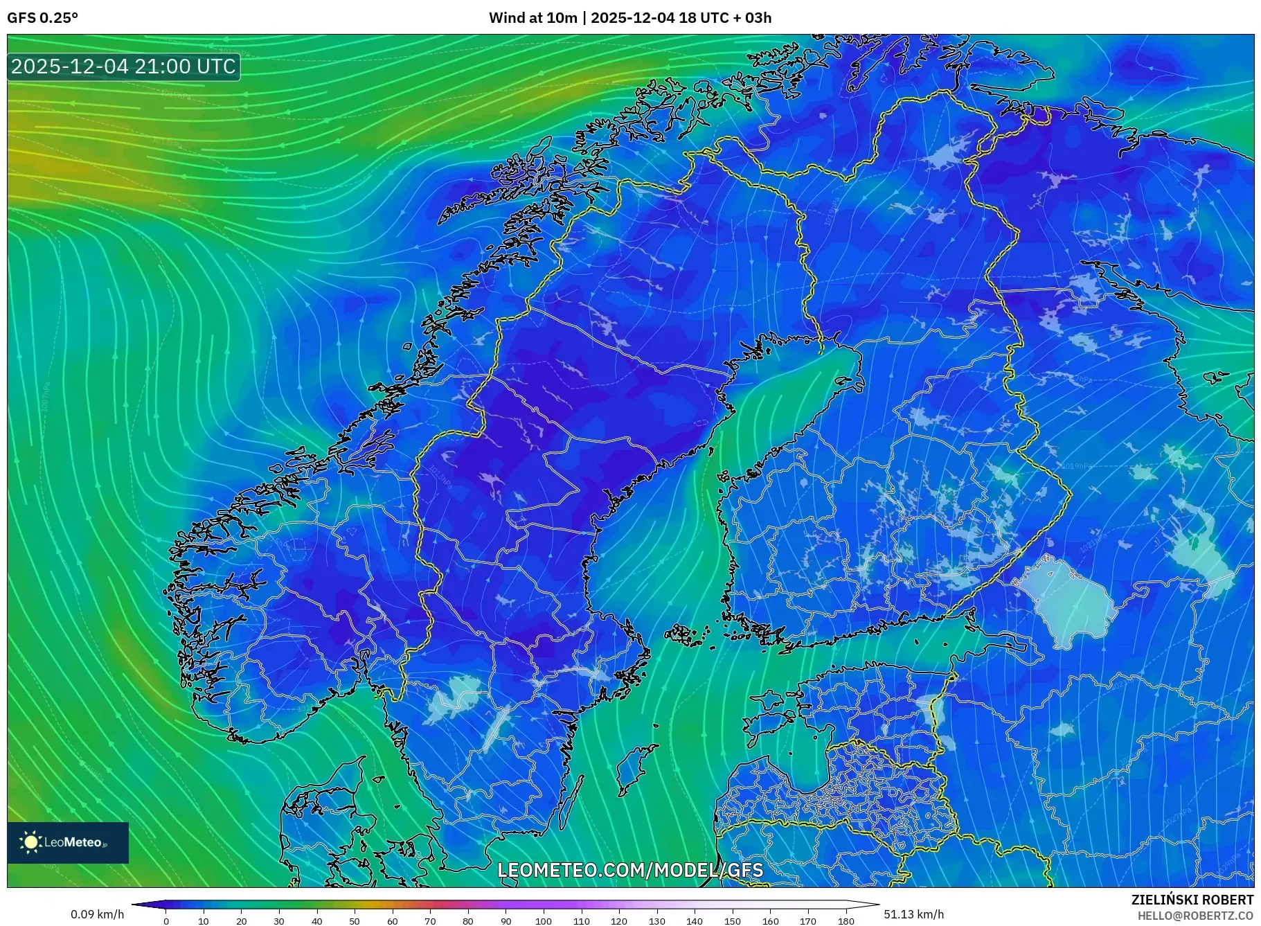 GFS model - Scandinavia, Wind at 10m