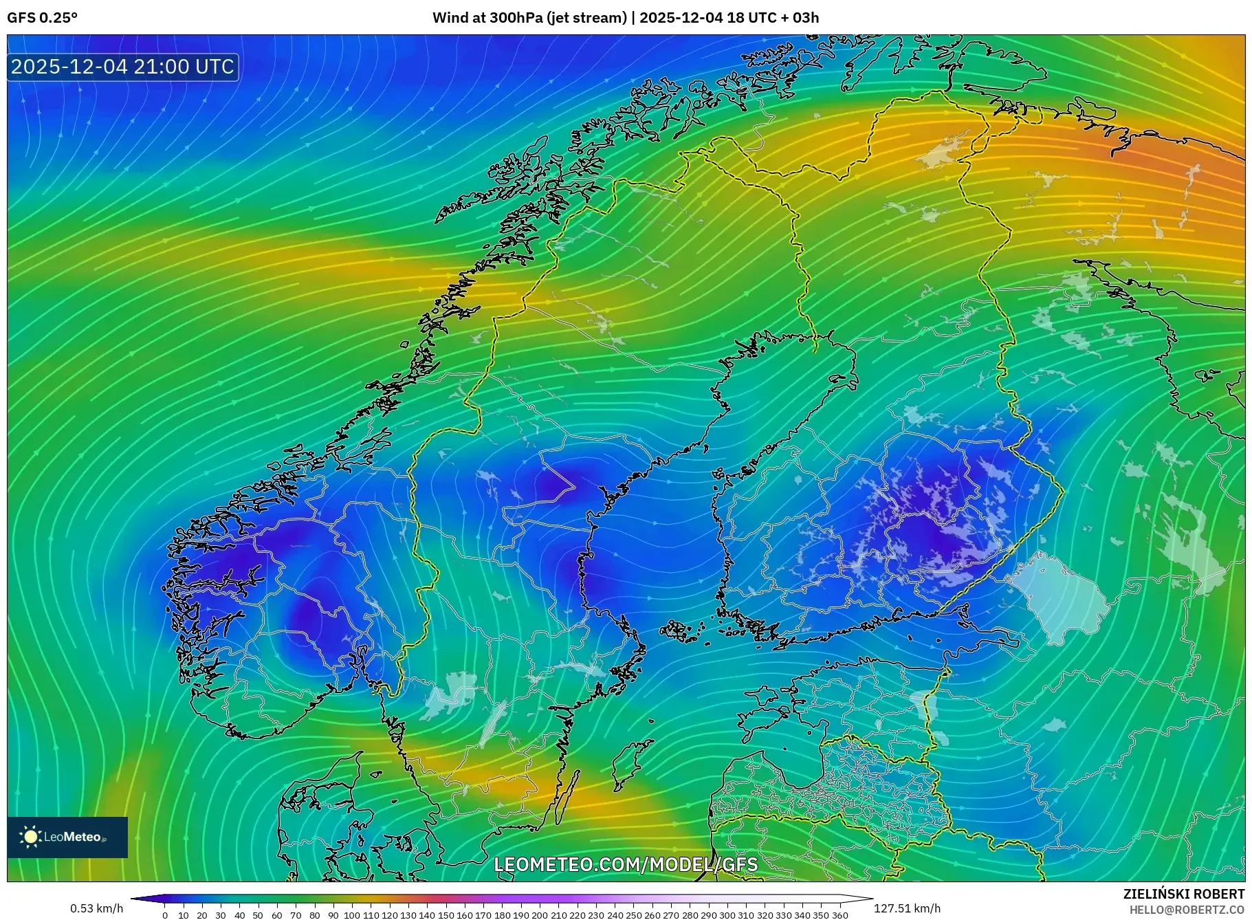 GFS model - Scandinavia, Wind at 300hPa (jet stream)