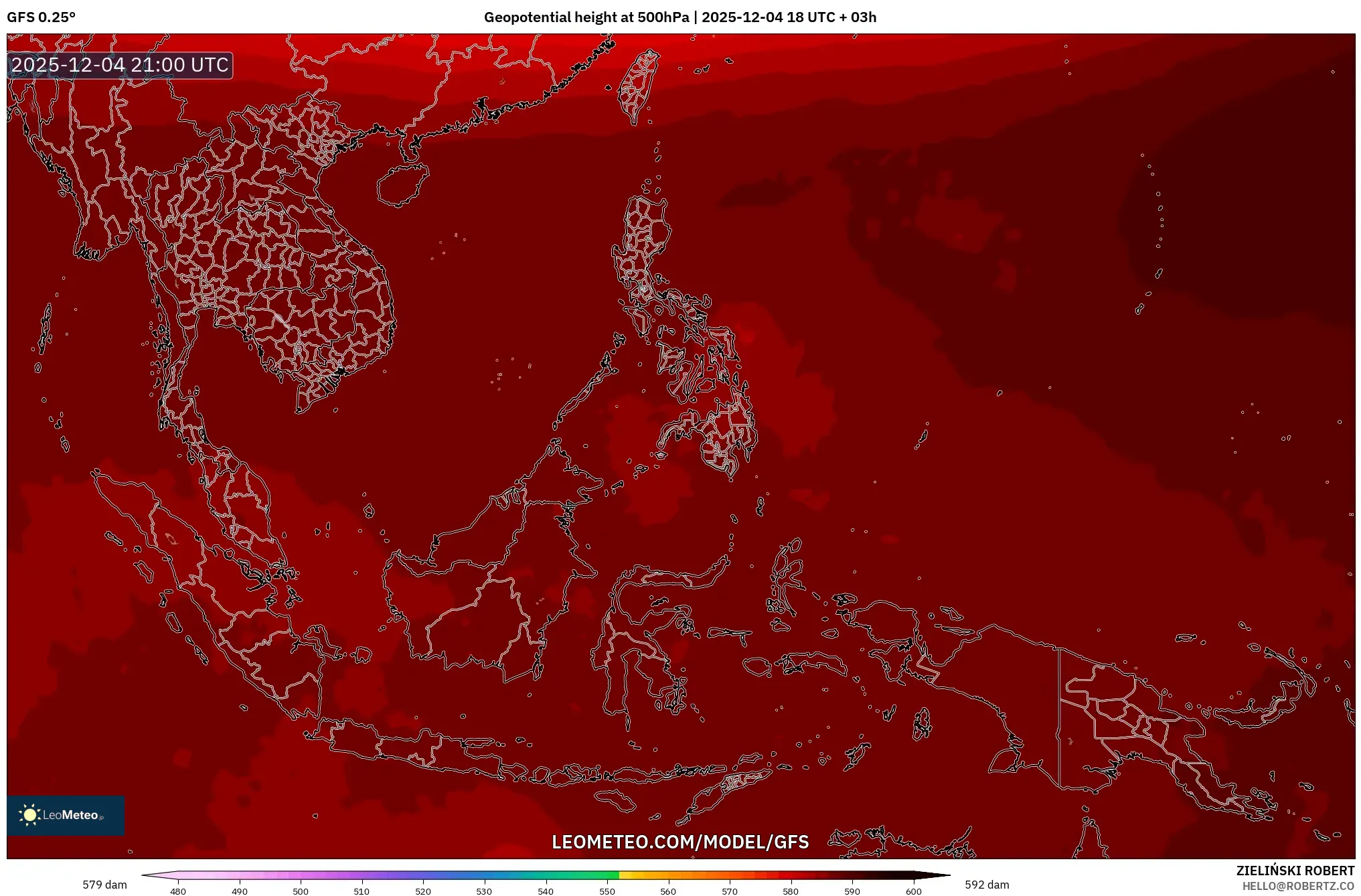 GFS model - South East Asia, Geopotential height at 500hPa
