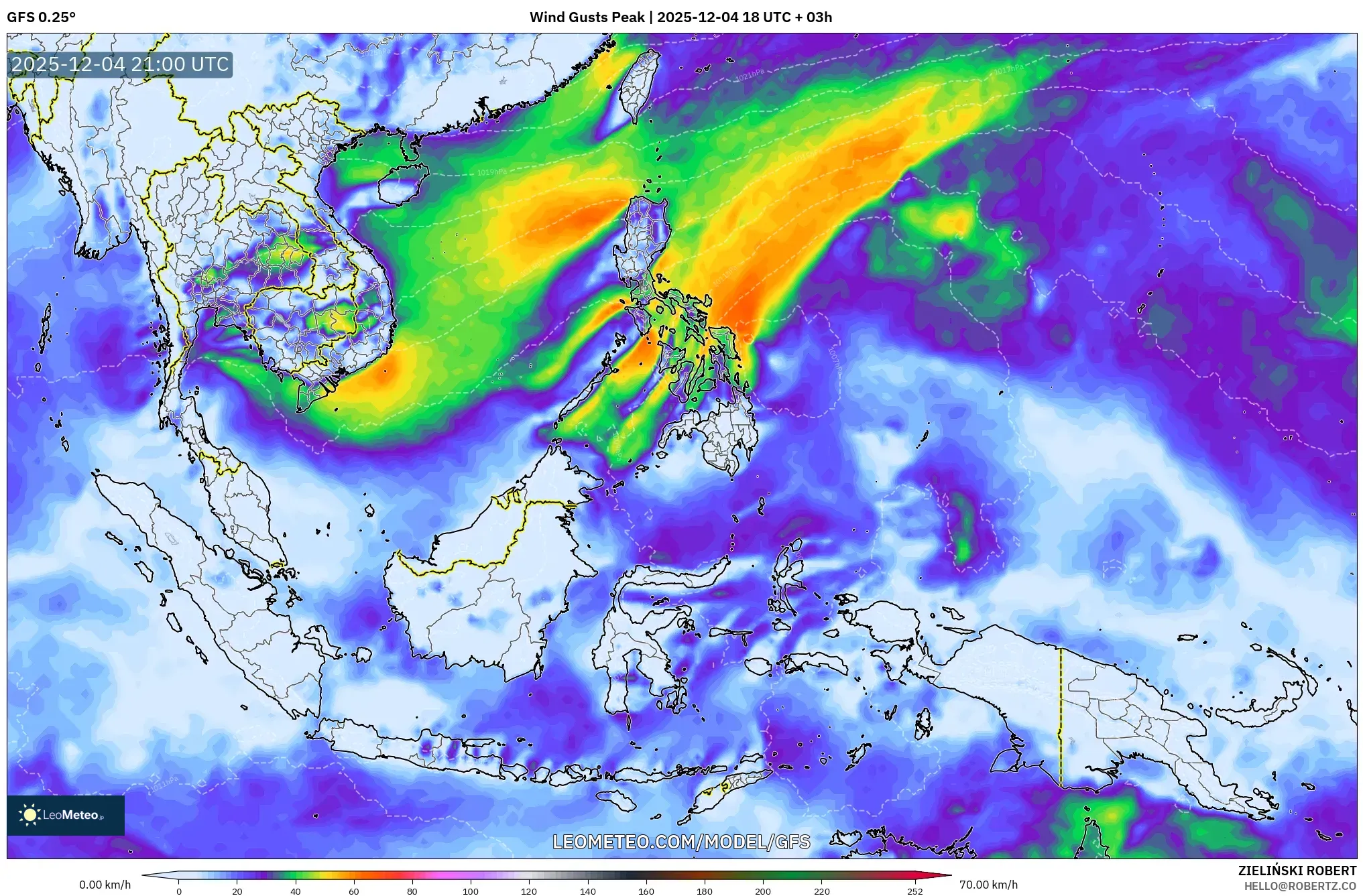 GFS model - South East Asia, Wind Gusts Peak