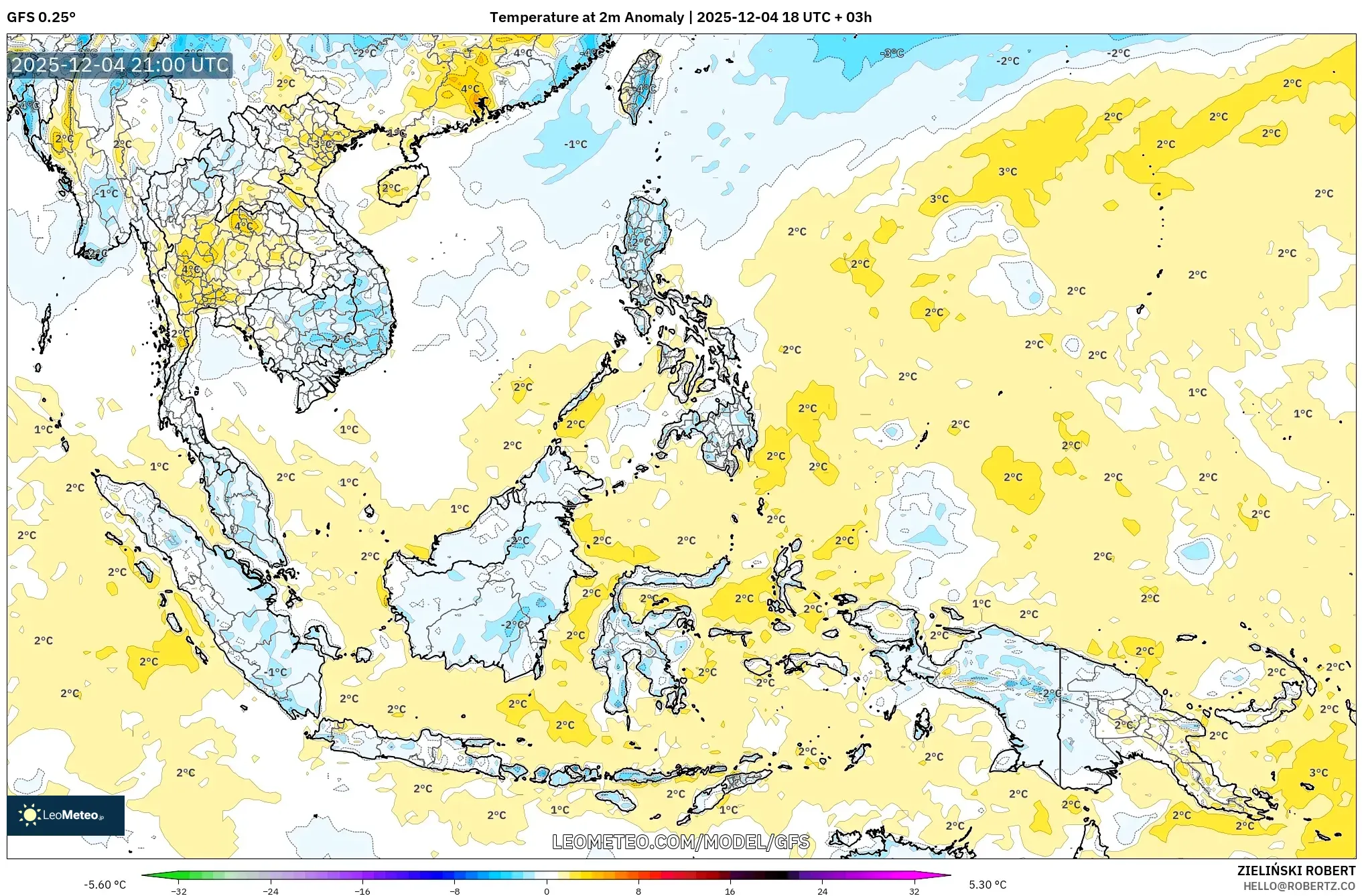 GFS model - South East Asia, Temperature at 2m Anomaly