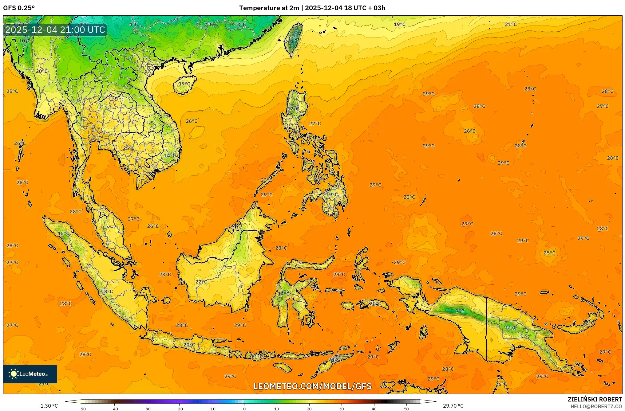 GFS model - South East Asia, Temperature at 2m