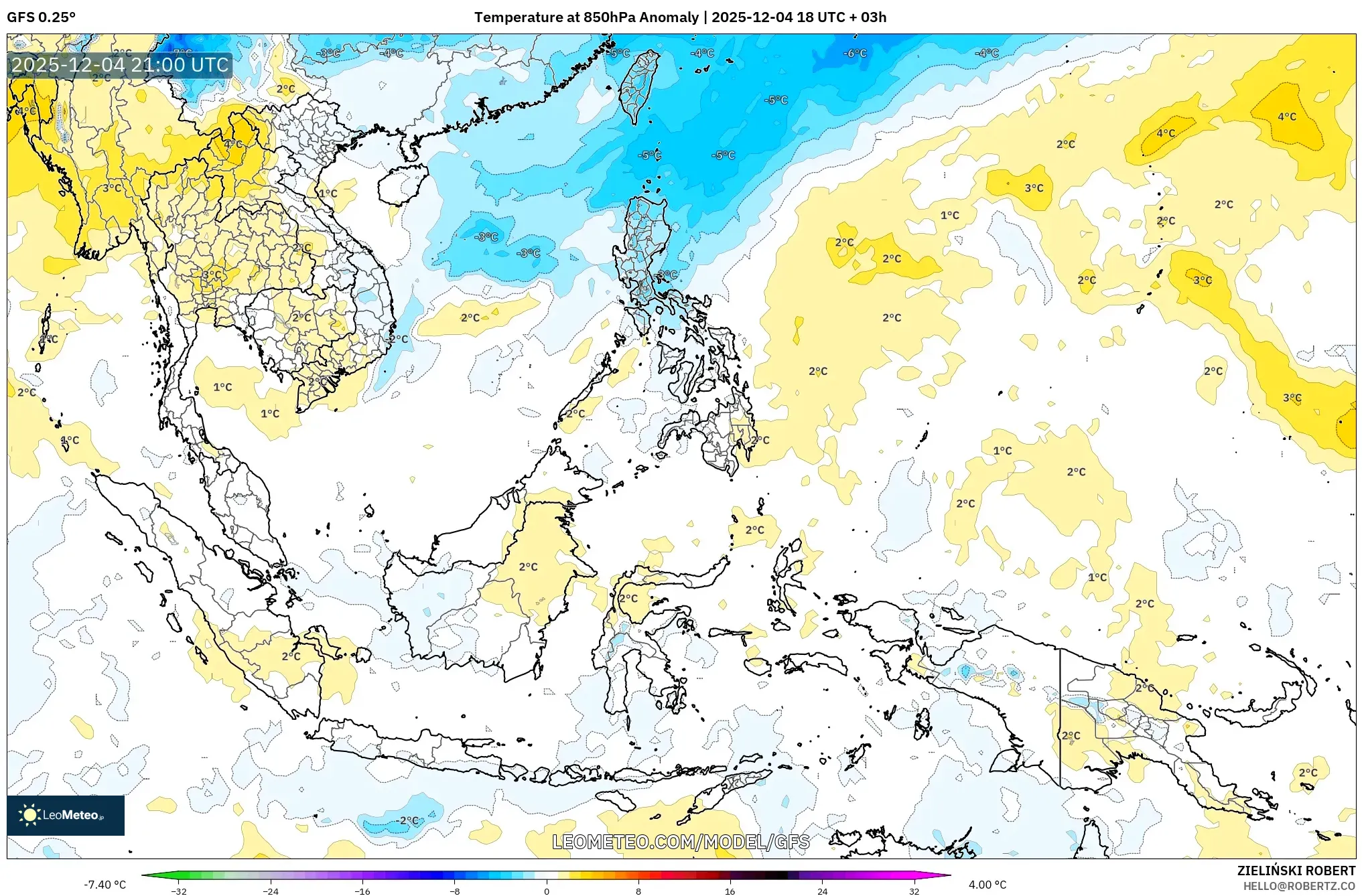 GFS model - South East Asia, Temperature at 850hPa Anomaly