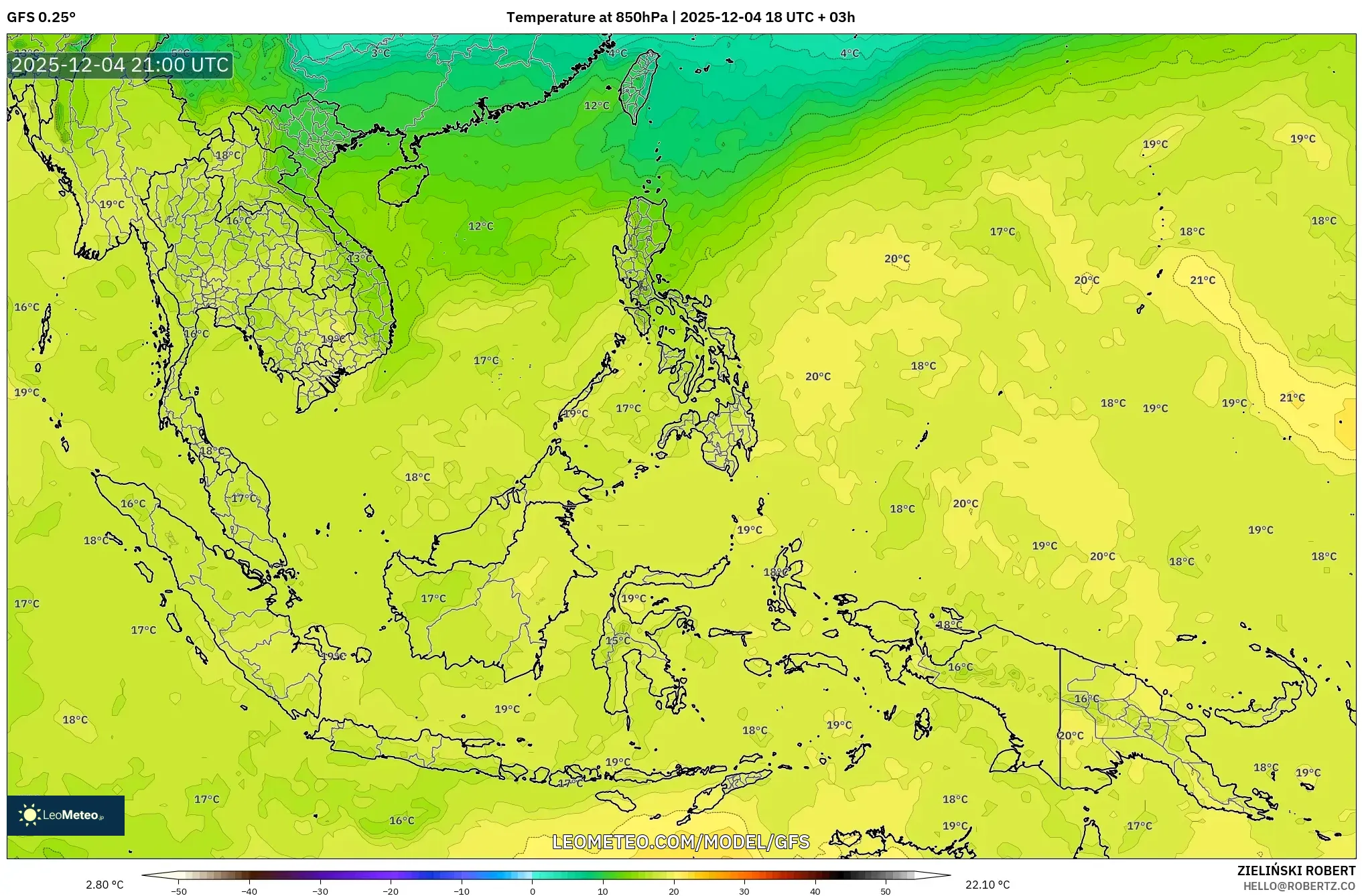 GFS model - South East Asia, Temperature at 850hPa