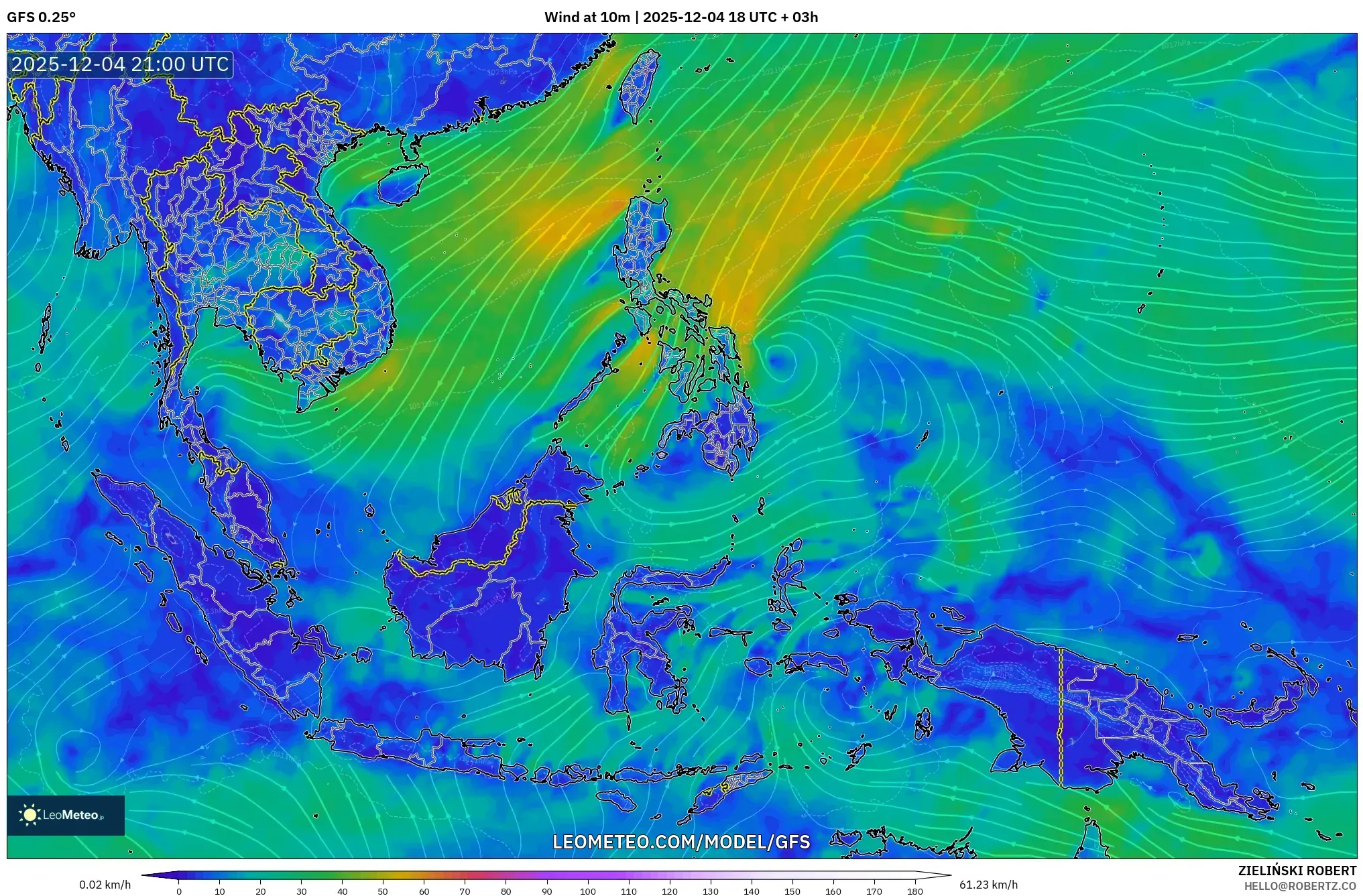 GFS model - South East Asia, Wind at 10m